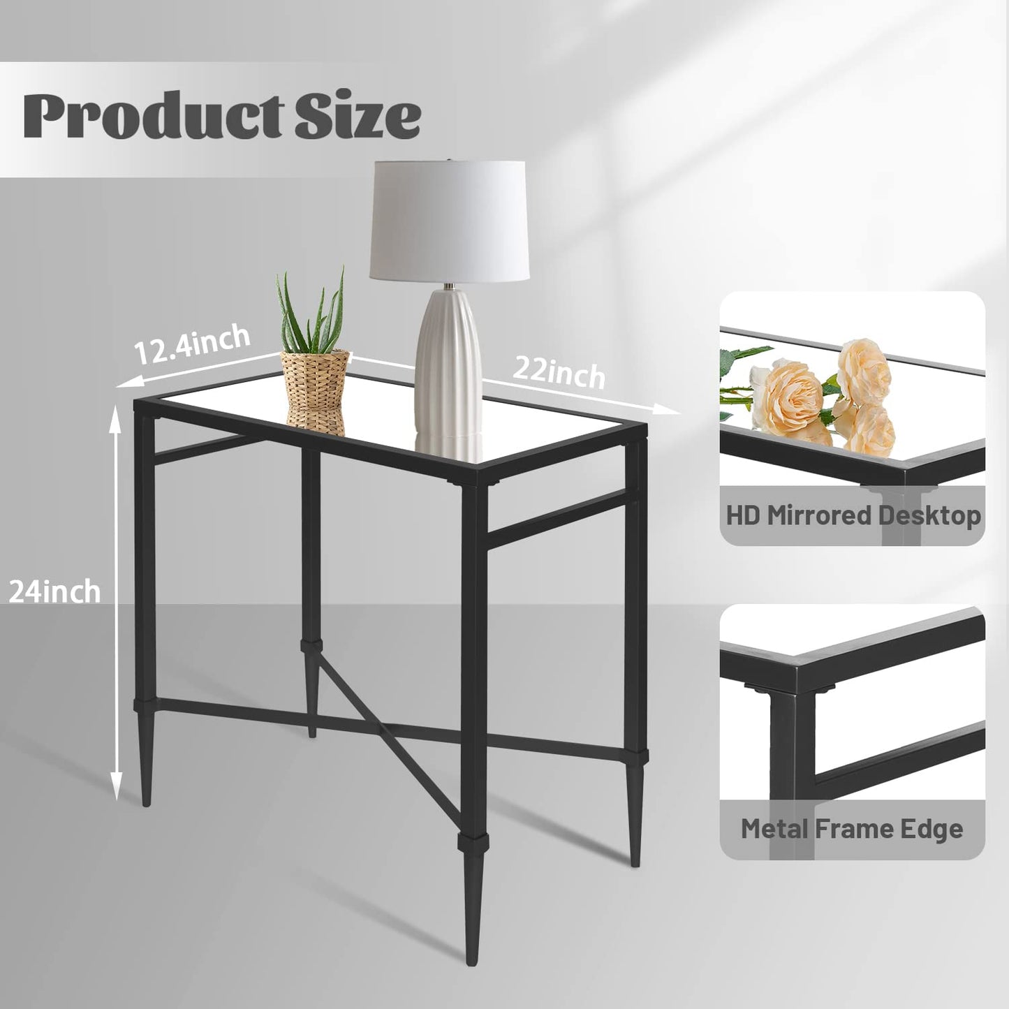 GIFTTROVE Black End Table, Rectangle Side Table with Mirrored Top, Modern Metal End Tables, Small Narrow Side Tables for Living Room, Balcony, 22" L x 12.4" W x 24" D
