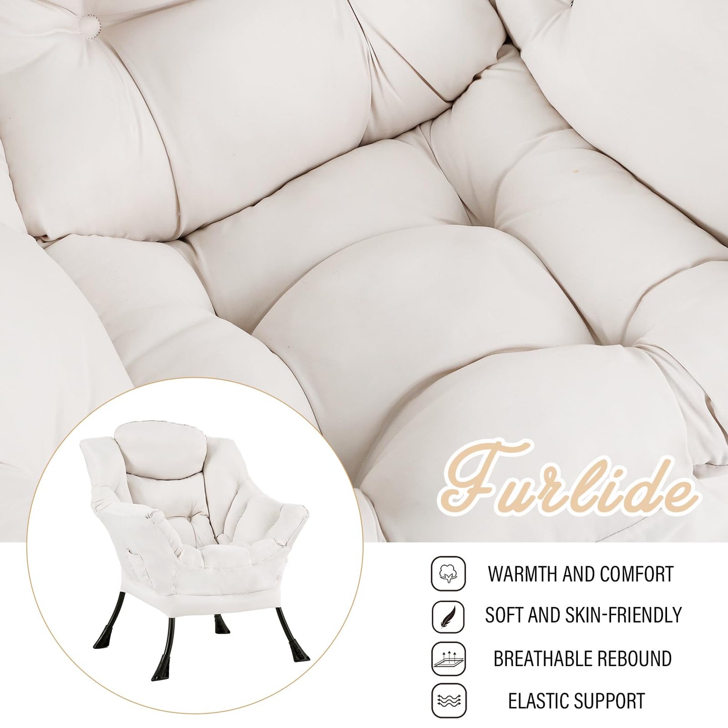 Furlide Lazy Chair for Living Room, Modern Accent Chairs with Armrests, Beige Armchairs with Side Pocket, Cozy Lazy Sofa for Reading, Balcony, Bedroom, Dorm, Small Spaces