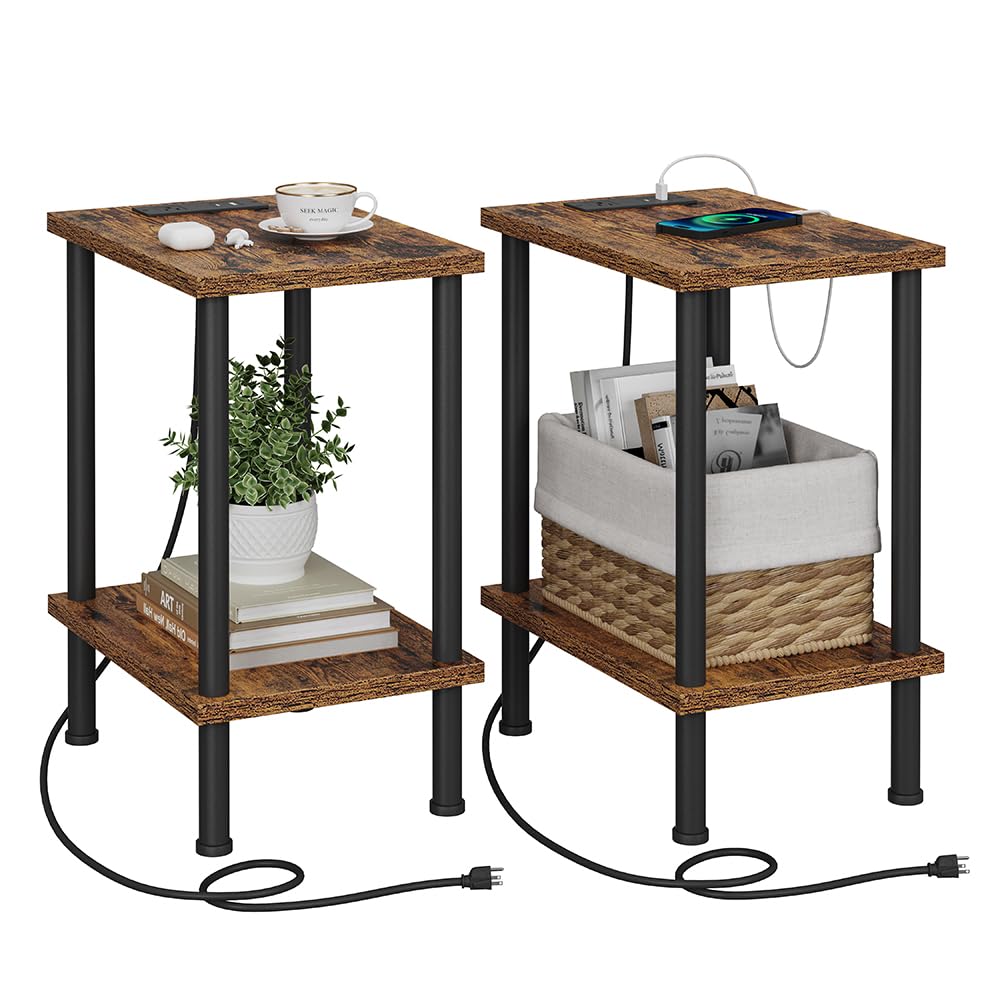 VIMBER Side Table with Charging Station, Set of 2 End Tables with USB Port and Outlets, Nightstands with 2-Tier Storage Shelves and Metal Legs, Sofa Table for Small Space, Living Room, Bedroom