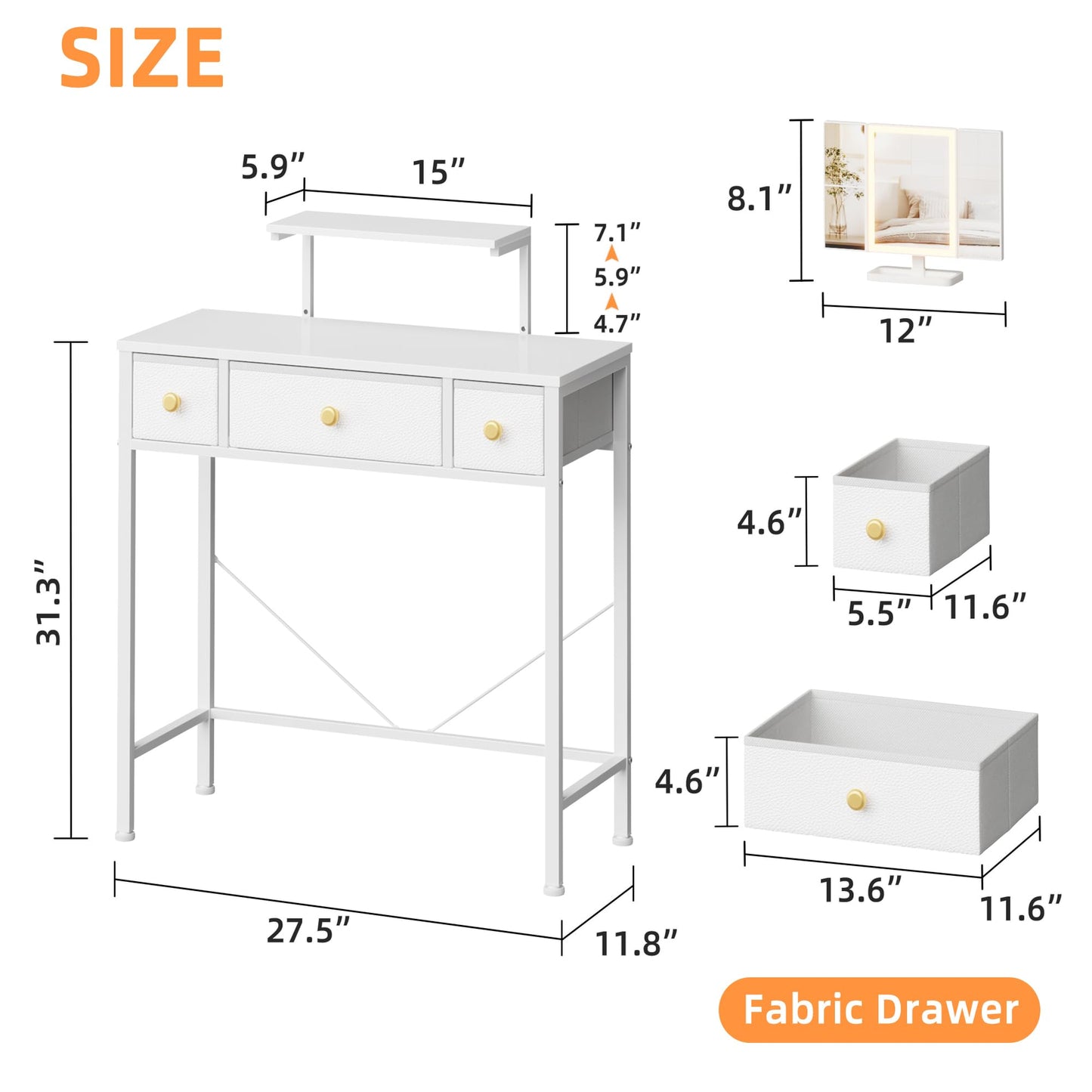 HIGDBFE Small Makeup Vanity Desk 27.5''W with Mirror and Lights, Vanity Desk with 3 Fabric Drawers and Height-Adjustable Stand, Vanity Table for Girls Gifts, Bedroom and Small Spaces, White