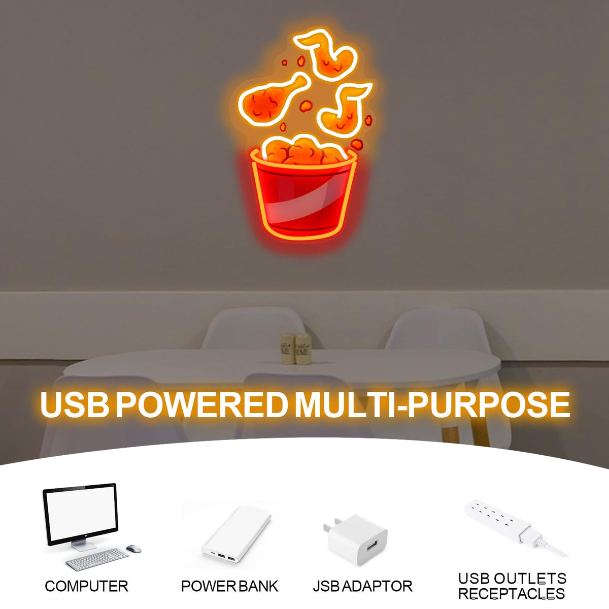 Fried Chicken Neon Sign, Chicken Led Light USB Powered Dimmable LED Sign for Street Food Neon Light, wall light retro, fast food sign, decor bar, fried chicken sign, Food Signs for Buffet
