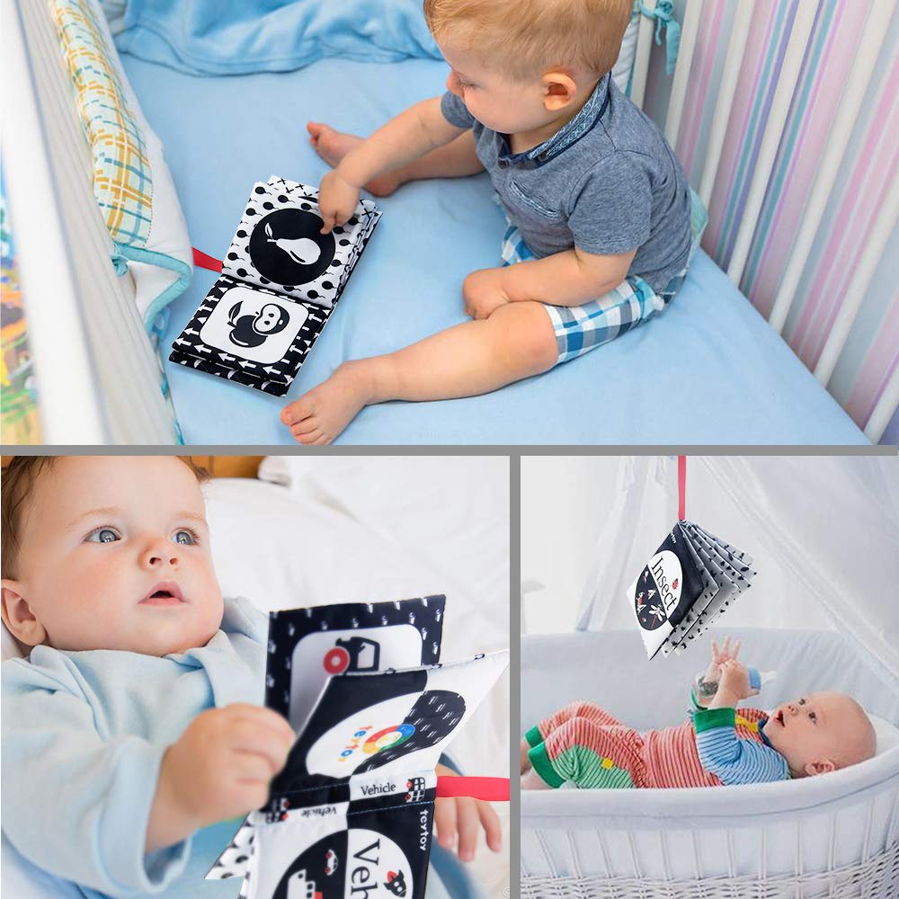 teytoy My First Soft Book, 6 PCS Nontoxic Fabric Cloth Activity Crinkle Black and White Books for Infants Boys and Girls Early Educational Toys Perfect for Baby Shower
