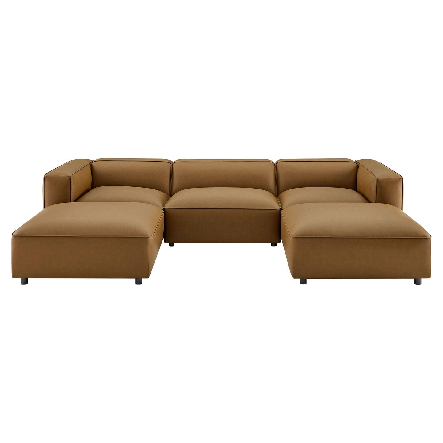 Modway Auren Vegan Leather 5 Piece Modular U-Shaped Sofa in Camel - Faux Leather Sectional - Comfy PU Leather Sofa - Oversized Mid Century Modern Couch for Living Room or Apartment