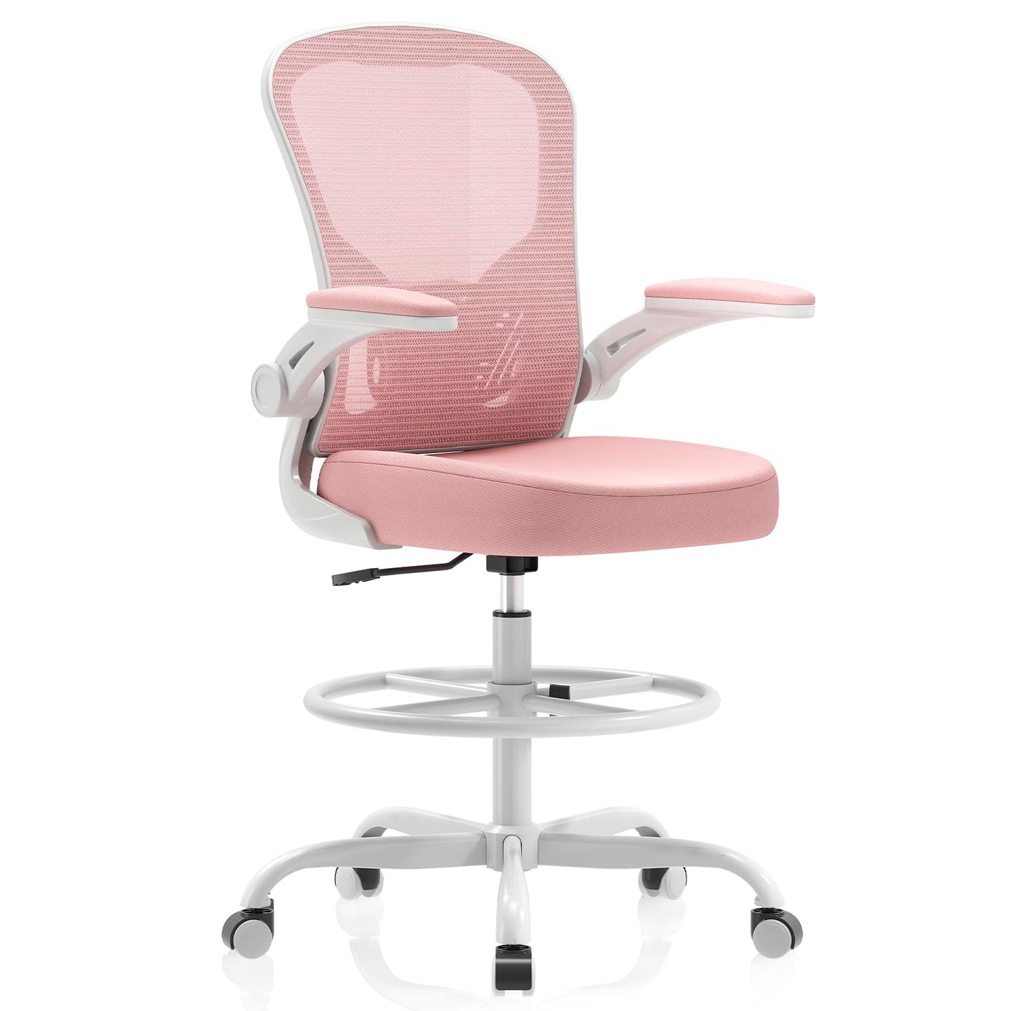 Synorla Ergonomic Drafting Chair, Tall Mesh Office Chair with Flip-up Armrests, Lumbar Support & Adjustable Footrest Ring for Standing Desk Gray Pink