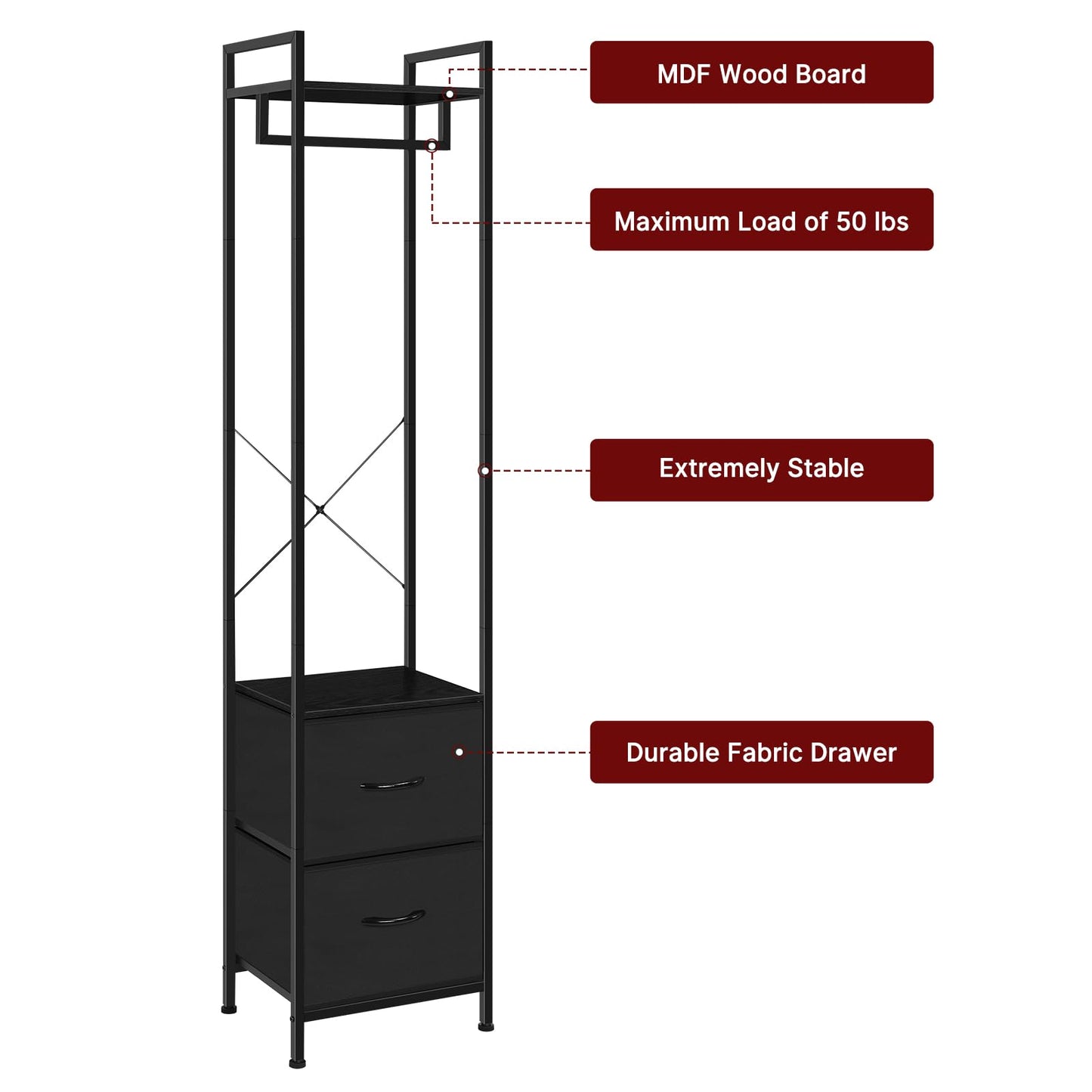 smusei Clothes Rack 3 Tiers Heavy Duty Coat Rack with 2 Fabric Drawers and Storage Shelves Freestanding Cloth Hanger Garment Rack for Bedroom Entryway Living room Black