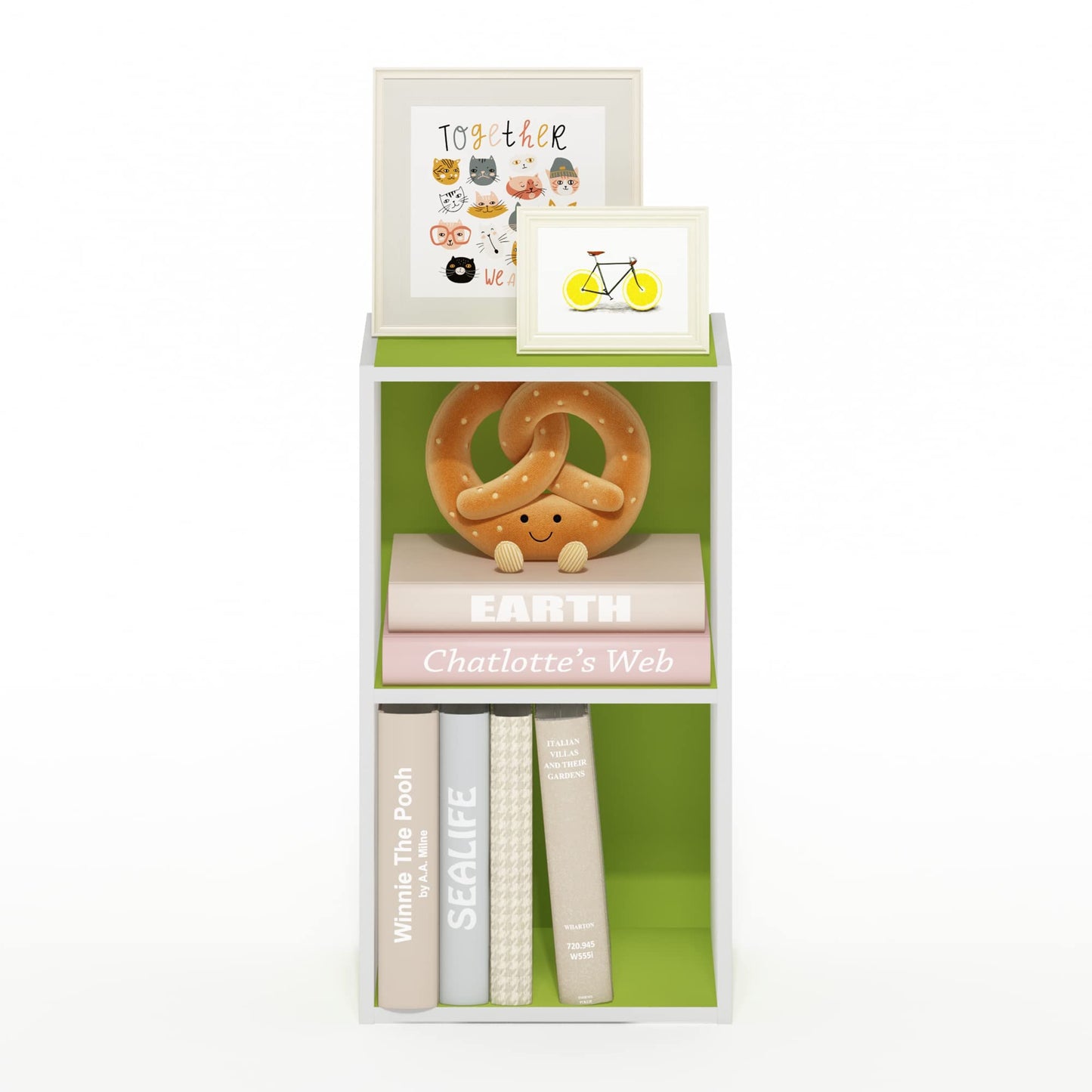 Furinno PASIR Book Shelf, 2-Tier Modern Bookshelf, Open Shelves Bookcase 9 x 12 x 21, Easy Assembly, for Living Room, Bedroom, Home Office, Green/White