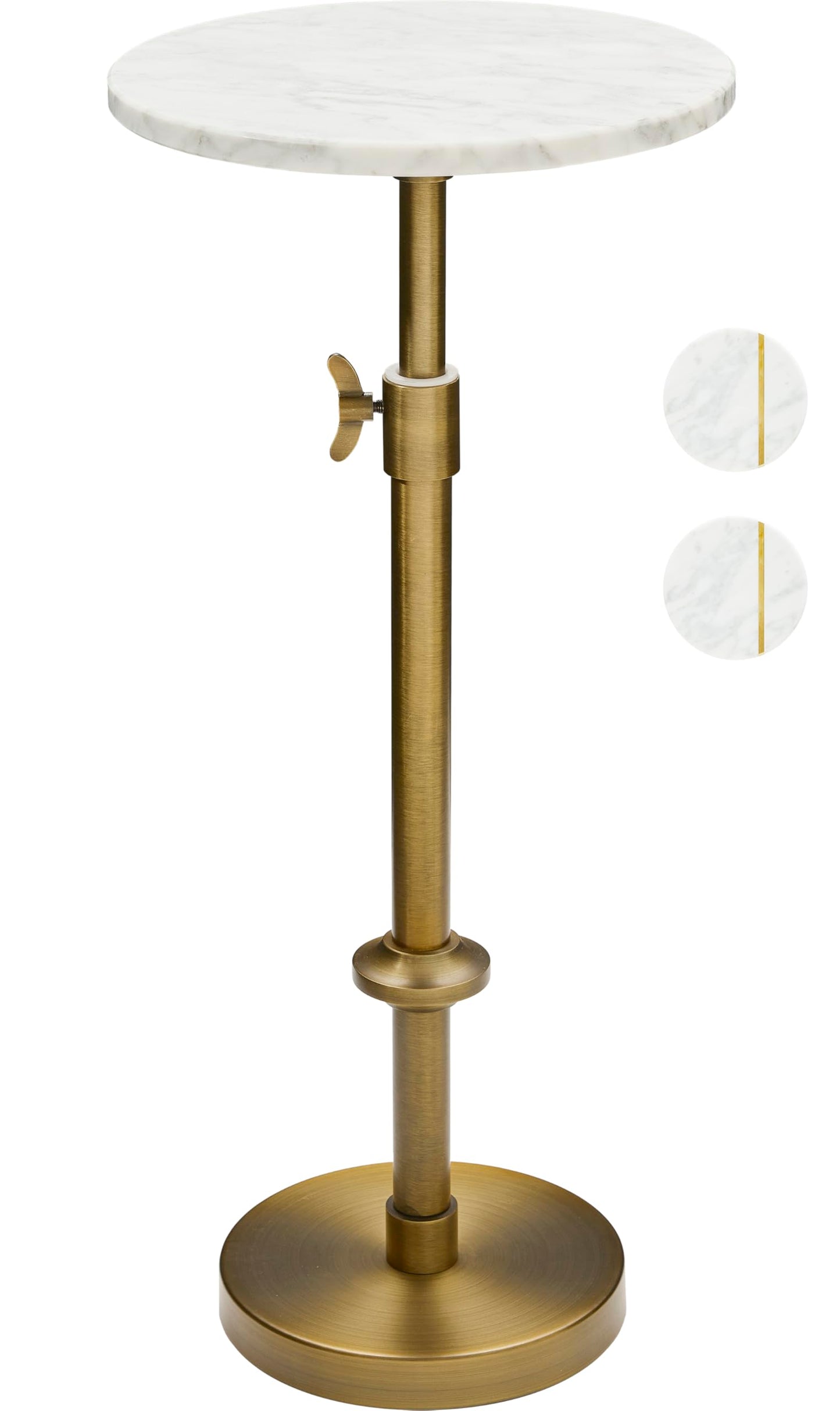 Adjustable-Height Marble Drink Table - 10x10x22-30, White Marble & Antique Brass, Modern Round End Table, Side Table with Pedestal Stand for Small Spaces, Vintage Metal Martini Cocktail Accent