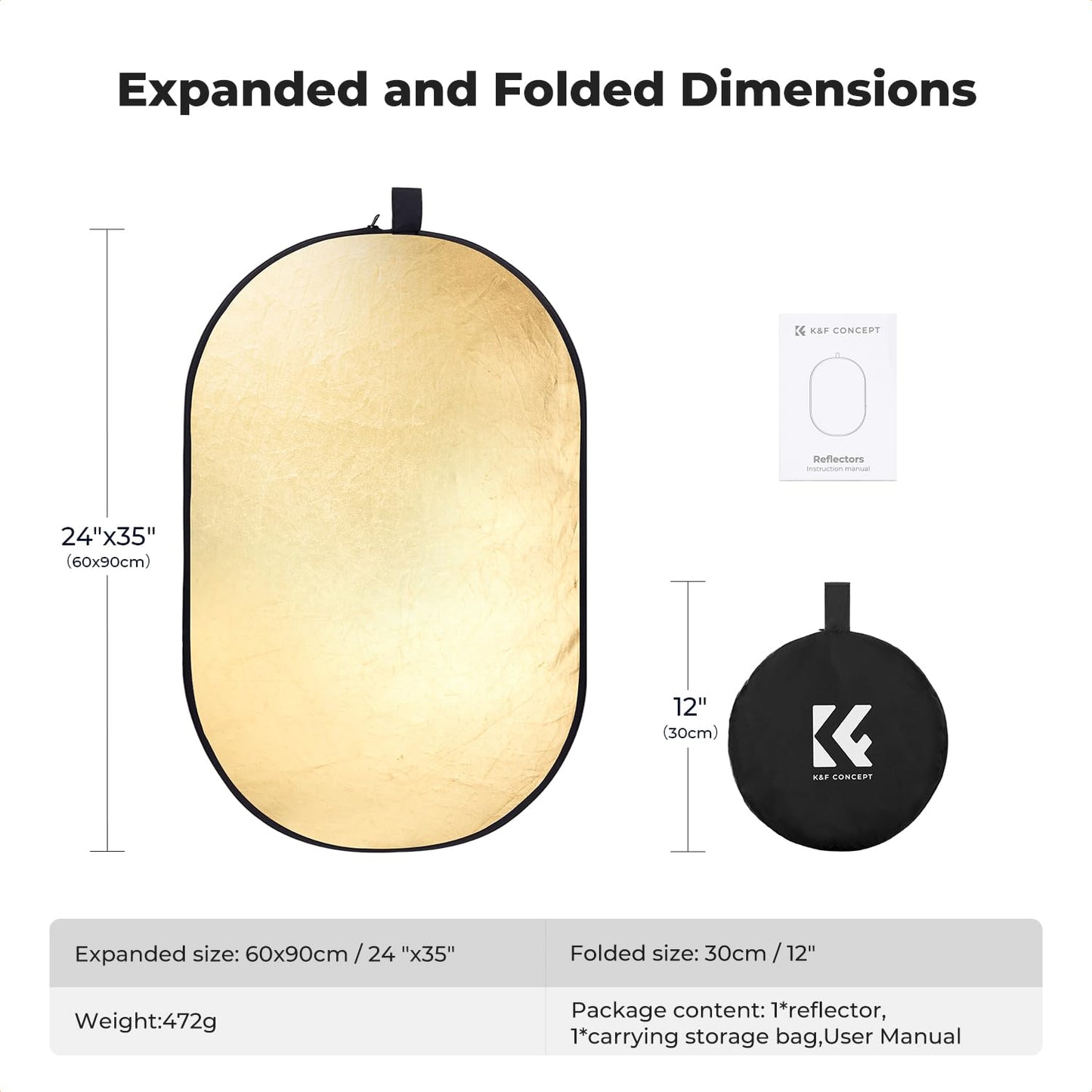 K&F CONCEPT 24" x36”(60x90cm) 5-in-1 Oval Foldable Reflector with Carrying Bag, Gold, Silver, Black, White Reflective Fabric and Translucent Soft Fabric for Studio Lighting