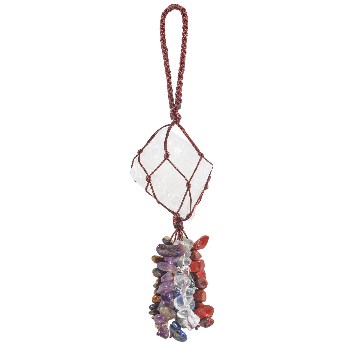 Loveliome Raw Crystal Car Hanging Ornament, Natural Rough Semi-Precious Stone with 7 Chakra Chips, Handmade Wall Decor for Bedroom Yoga Room Daily Decoration, Rock Quartz