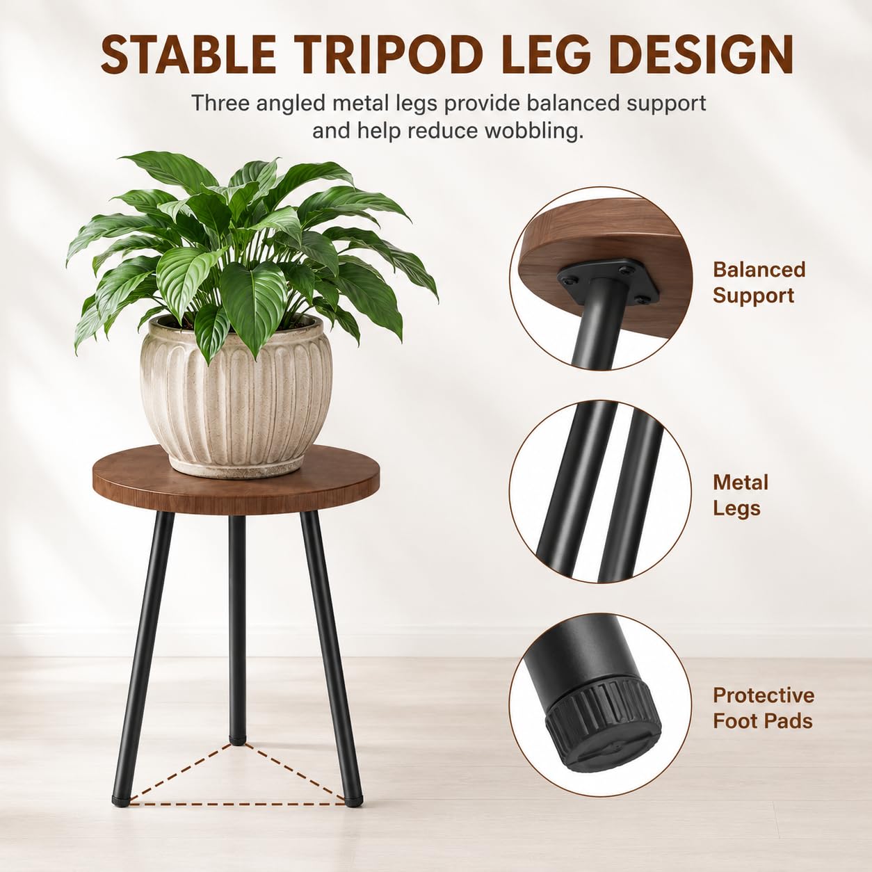 SAKSUN 2 Pack Plant Stand Set: Small Round Plants Stand Indoor Wood Grain Plant Tables with Metal Legs - Indoor Outdoor Plant Stands for Living Room, Bedroom, Patio, Balcony, Brown, 150 lbs Capacity