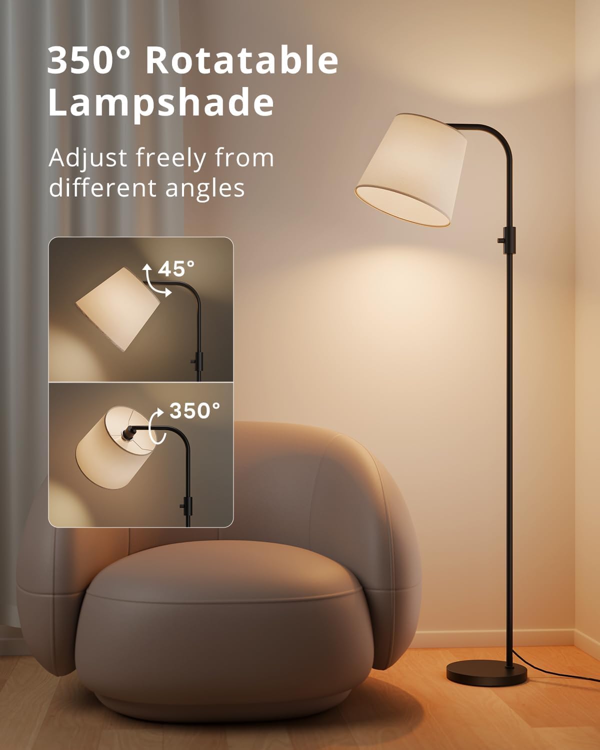 VARICART Smart Arc Floor Lamp, 65" Compatible with Alexa & App Control, RGB Color-Changing & 2700K-6000K, 1%-100% Dimmable, Music Sync, 1200lm, 350° Swivel Woven Linen Shade, No Registration Required