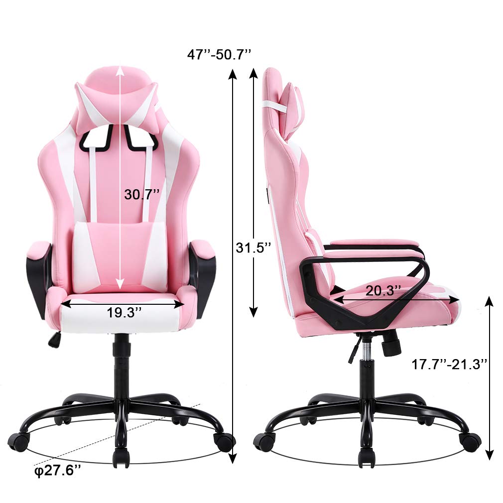 Ergonomic High-Back PU Leather Executive Office Gaming Chair with Massage Function, Adjustable Reclining Design, Lumbar Support, Headrest Pillow, Armrests Modern Racing Style Desk Chair (Pink)