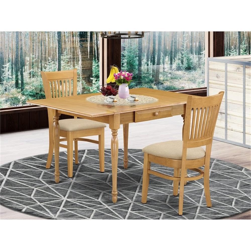 East West Furniture MZVA3-OAK-C 3 Piece Kitchen Table Set for Small Spaces Contains a Rectangle Dining Table with Dropleaf and 2 Linen Fabric Dining Room Chairs, 36x54 Inch, Oak