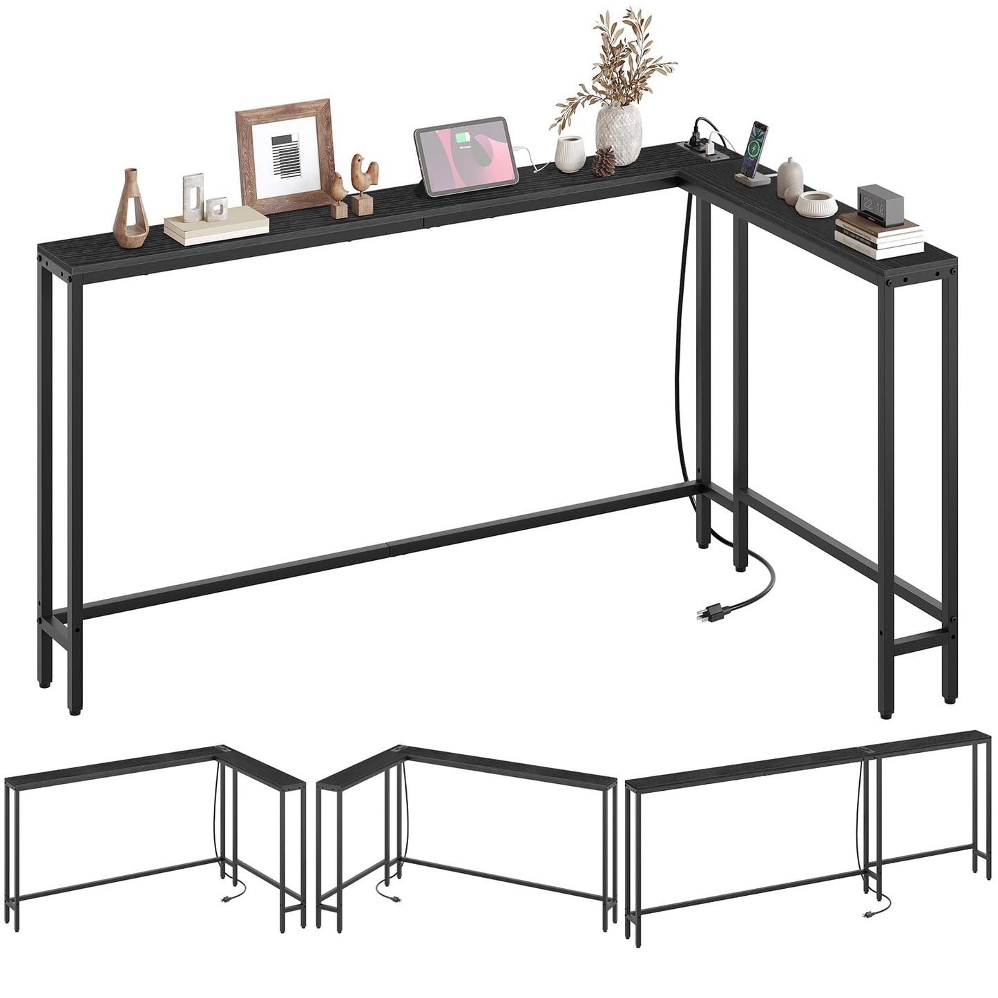 YATINEY Narrow Console Table with Outlets, 78.7" Sofa Table Narrow Long, L Shaped Behind Couch Entryway Table with Charging Station, for Living Room, Hallway, 3 Assembly Options, Black CT17UBB
