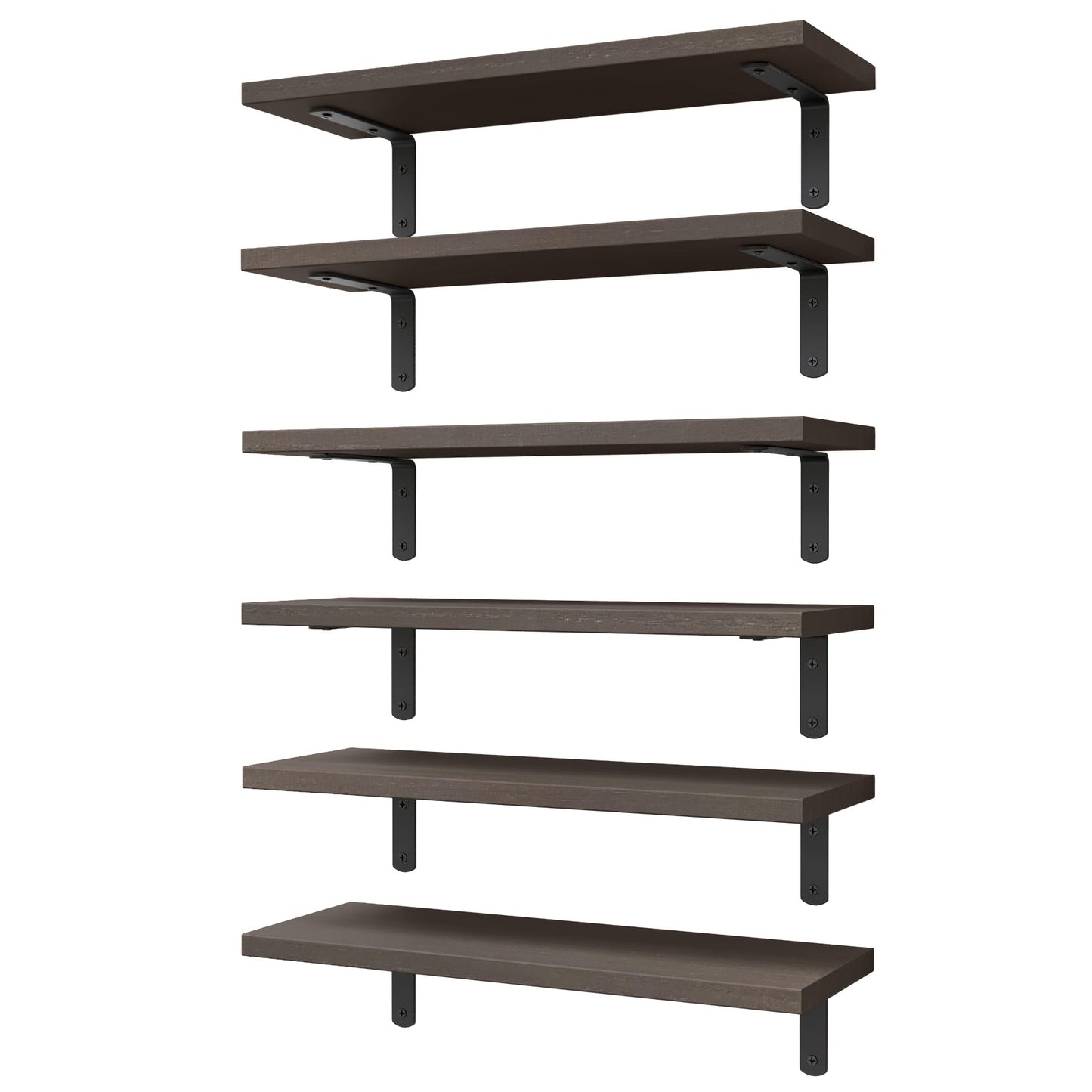 WOPITUES Wood Floating Shelves Set of 6, Shelves for Wall Decor, Farmhouse Shelf for Bedroom, Bathroom Storage Shelves, Book Shelves for Living Room, Dark Brown