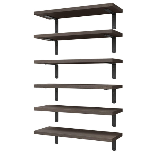 WOPITUES Wood Floating Shelves Set of 6, Shelves for Wall Decor, Farmhouse Shelf for Bedroom, Bathroom Storage Shelves, Book Shelves for Living Room, Dark Brown