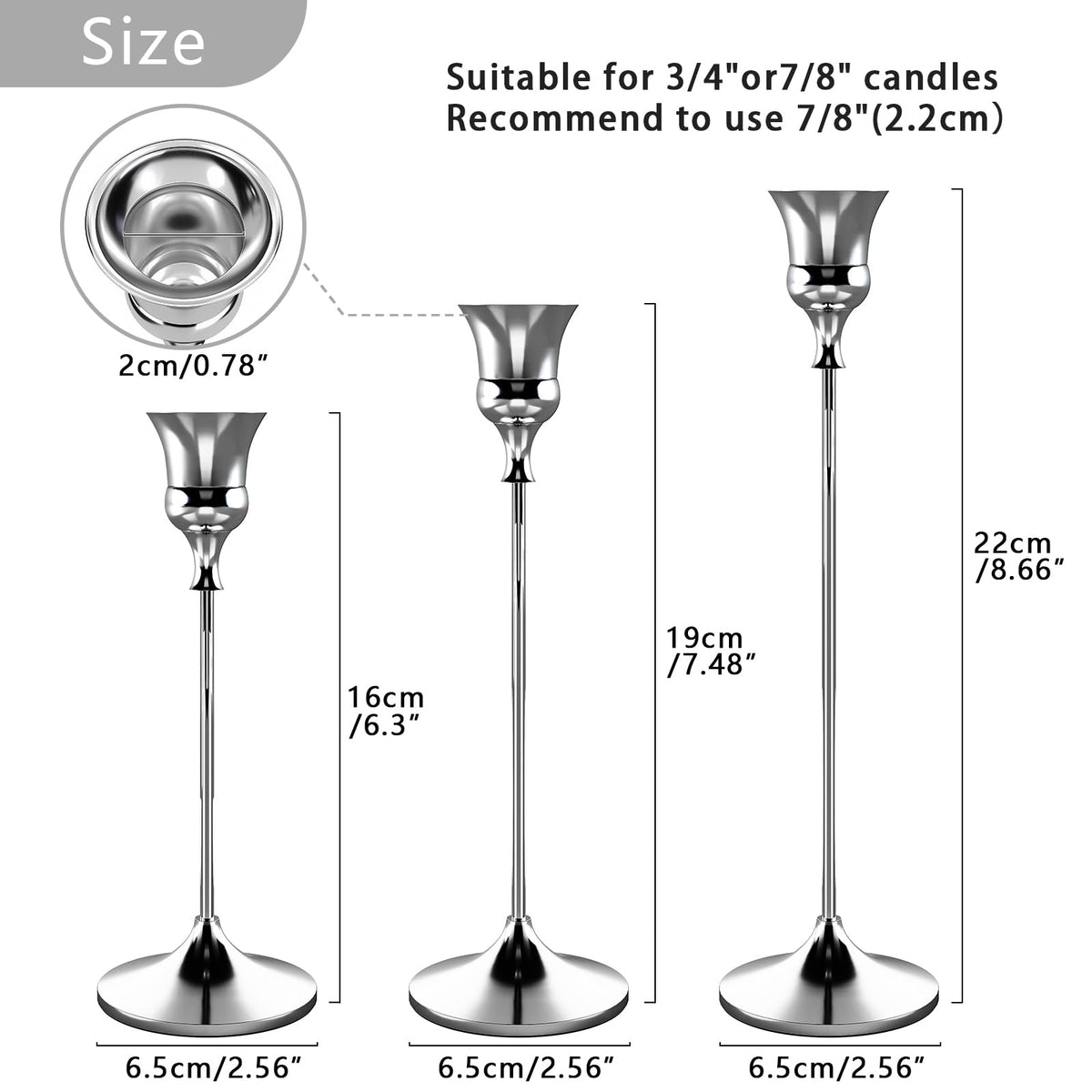 Showin Candlestick Holders Silver, 3 Packs Taper Candle Holder for Candlesticks, Candle Sticks Holder Decor for Home Decor