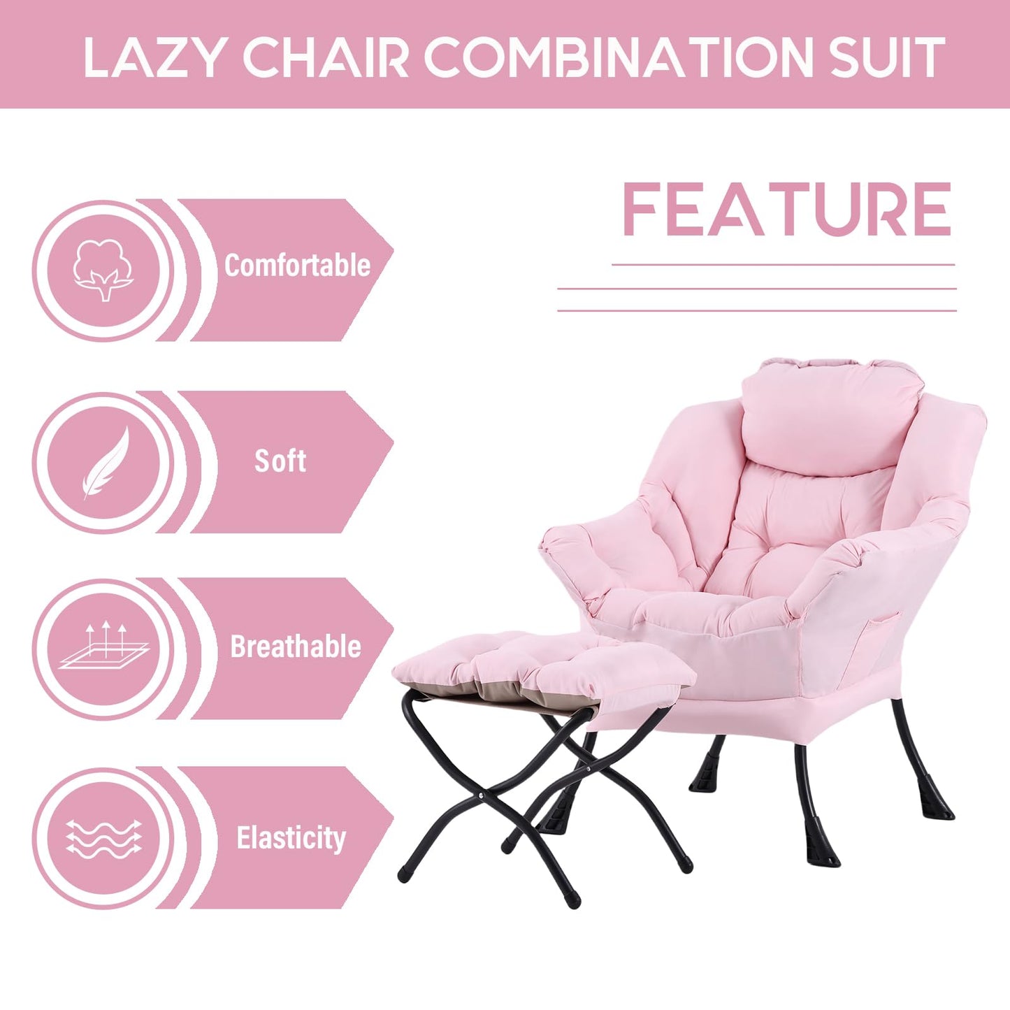 LITA Lazy Chair with Ottoman, Modern Accent Leisure Upholstered Sofa, Contemporary Lounge Reading Chair with Armrests and a Side Pocket for Living Room, Bedroom & Small Space, Pink