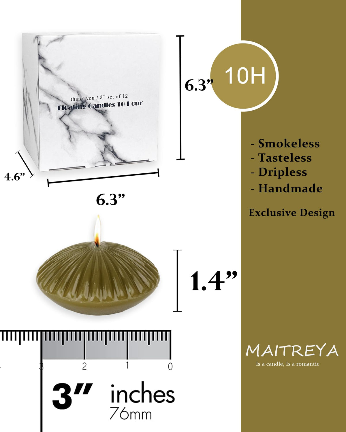 12 Pack Olive Floating Candles 3 Inch,Unscented Classic for Weddings,Parties,Special Occasions and Home Decorations