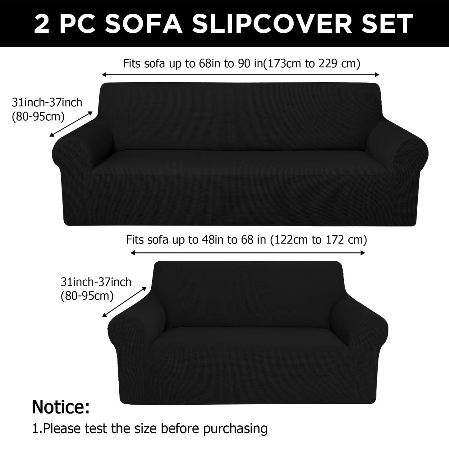 Peryiter 2 Pcs Sofa Covers Couch and Loveseat Covers Set Stretch Sofa Slipcover for Living Room Armchair Furniture Protector, Wrinkle Proof(Black,Jacquard)