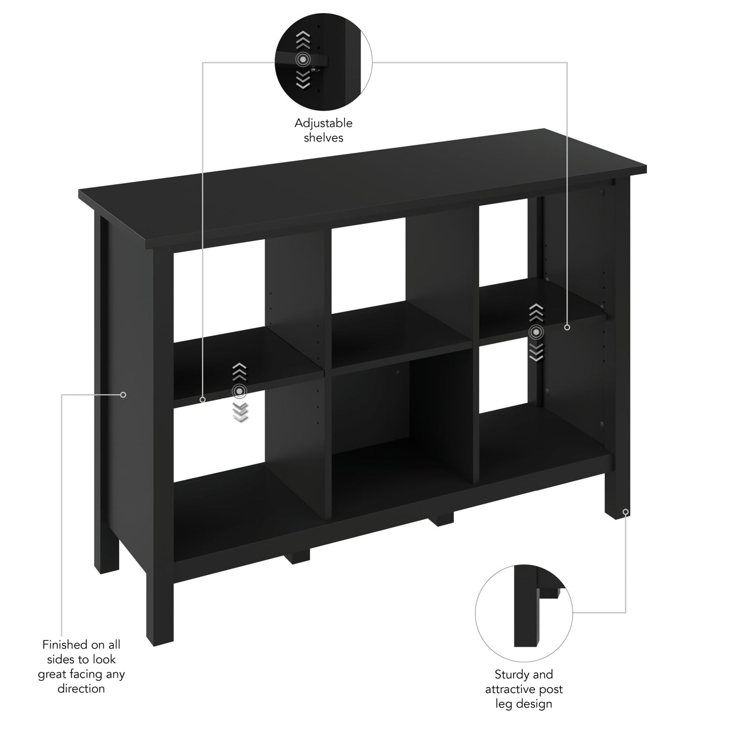 Bush Home Broadview 6 Cube Organizer Shelf in Classic Black, Small Cubby Storage Bookshelf for Home Office or Living Room Organization