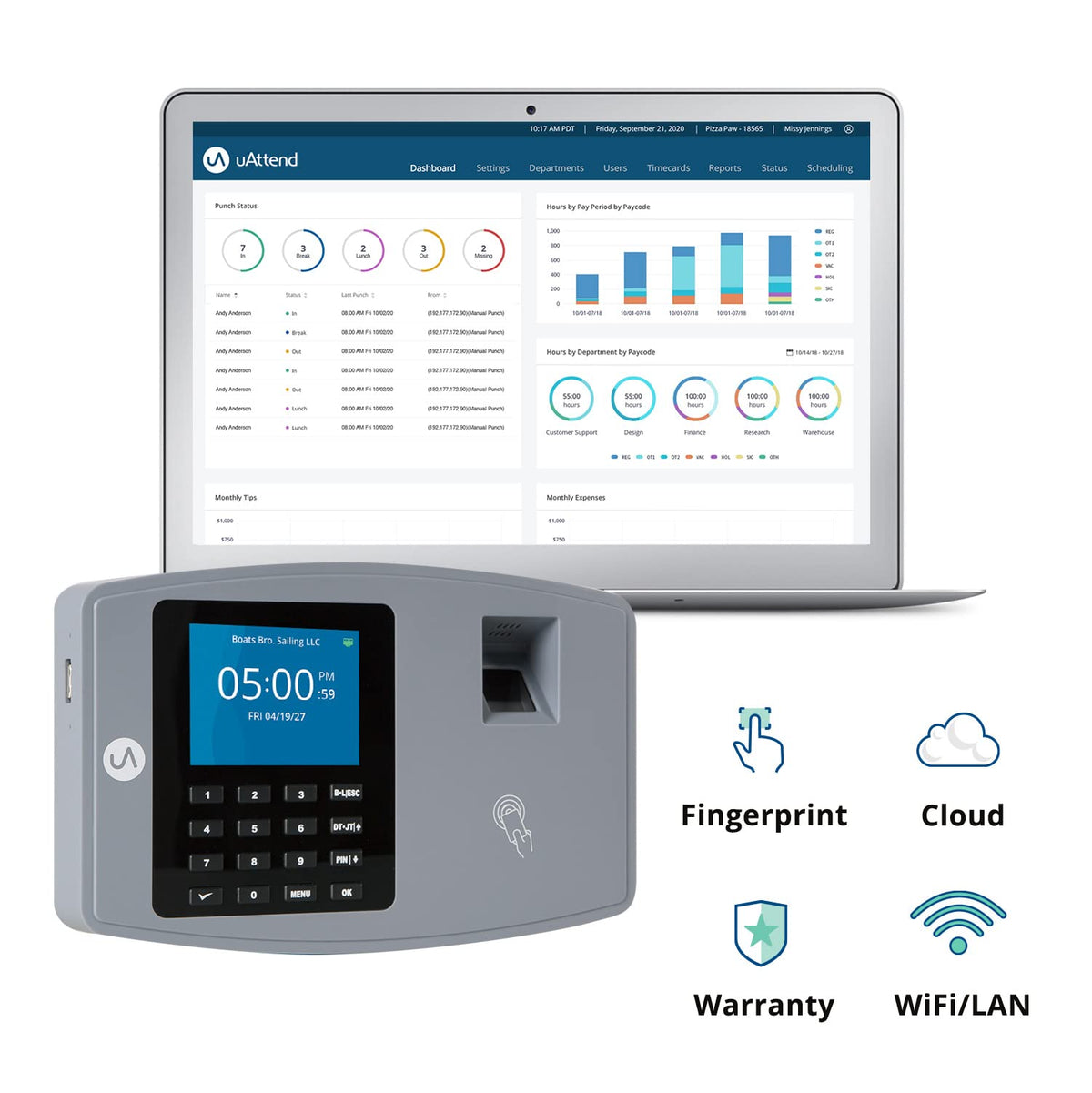 uAttend JL2500 Biometric Fingerprint Time Clock System for Small Business with WiFi and Cloud-Based Employee Timecards