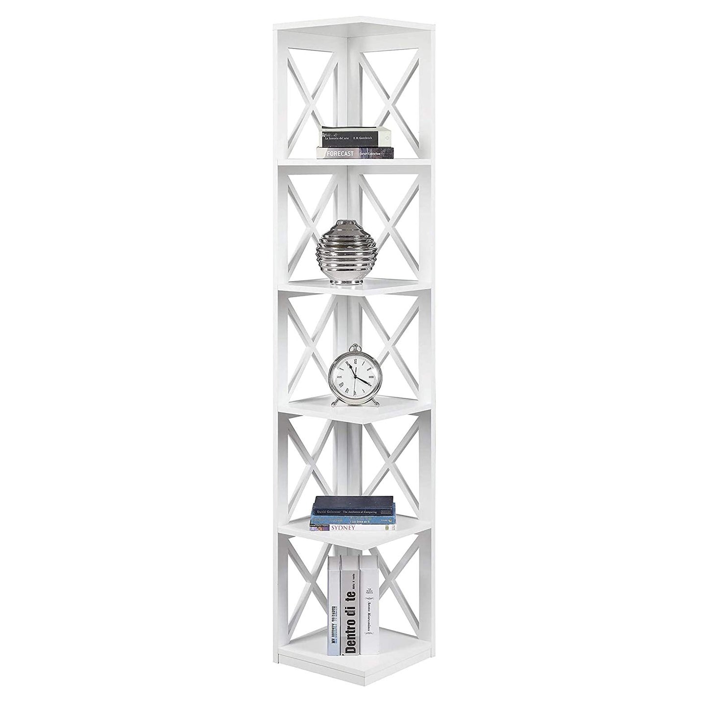 Convenience Concepts Oxford Corner Bookcase 12" - 5-Tier Slim Farmhouse Bookcase for Modern Living & Family Room, Media Storage Organizer for Home Office Library, Tall Shelving Unit, White