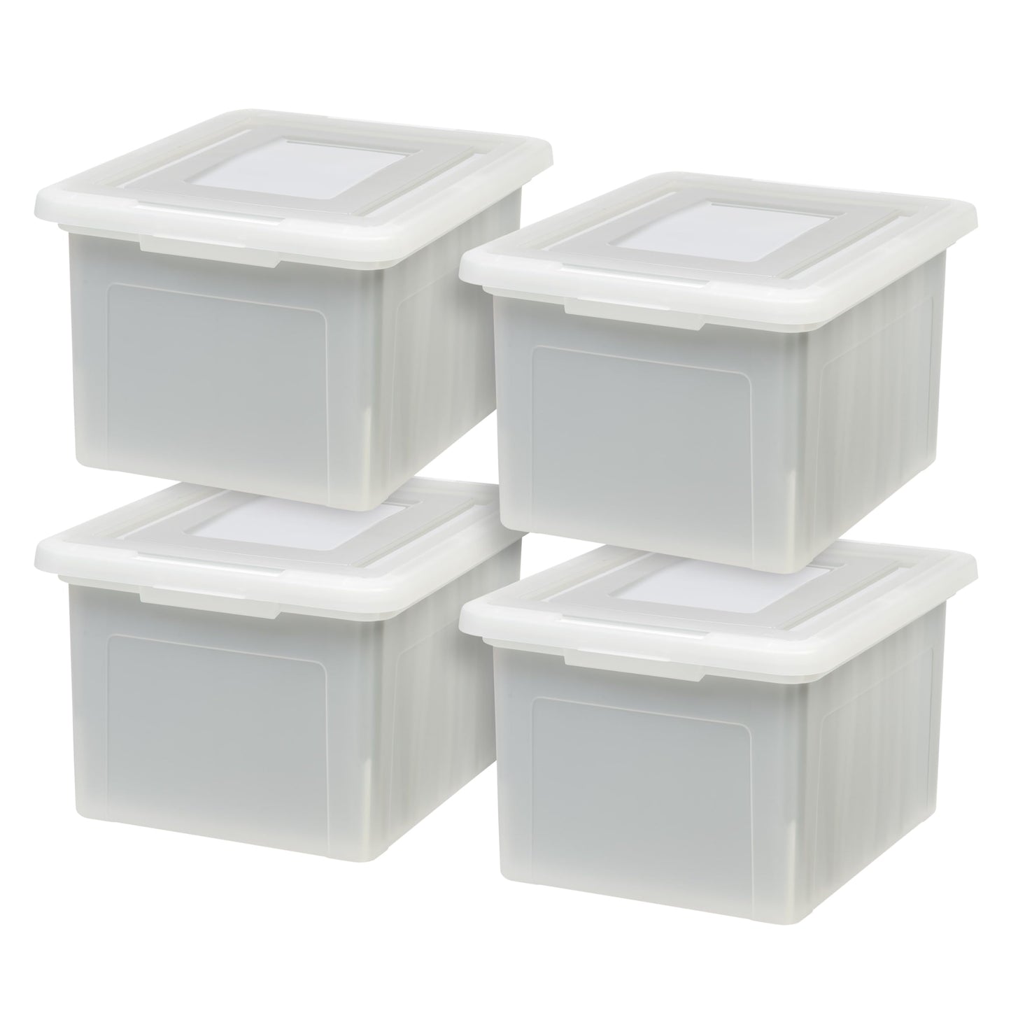 IRIS USA 35 Qt File Box with Lid, File Storage Box for Letter Size Documents, Portable Plastic File Box, Stackable Nestable Organizer, 4 Pack, Pearl
