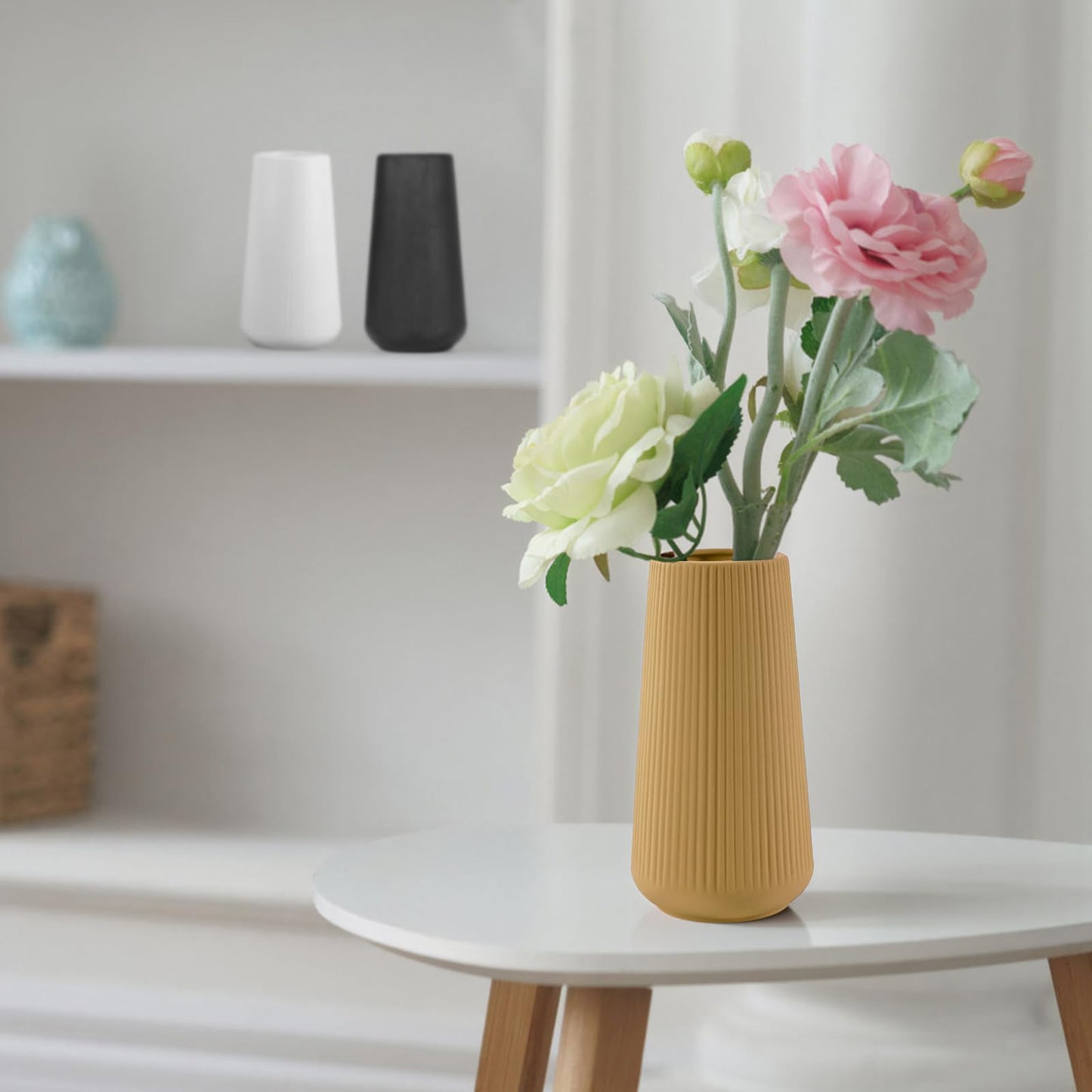 Milk Coffee Ceramic Vase, GUKJOB Small Cute Flower Vase for Pampas Grass, Home, Living Room, Dining Table, Farmhouse, Office Decor, Bedroom, Table, and Kitchen Shelf (Milk Coffee)