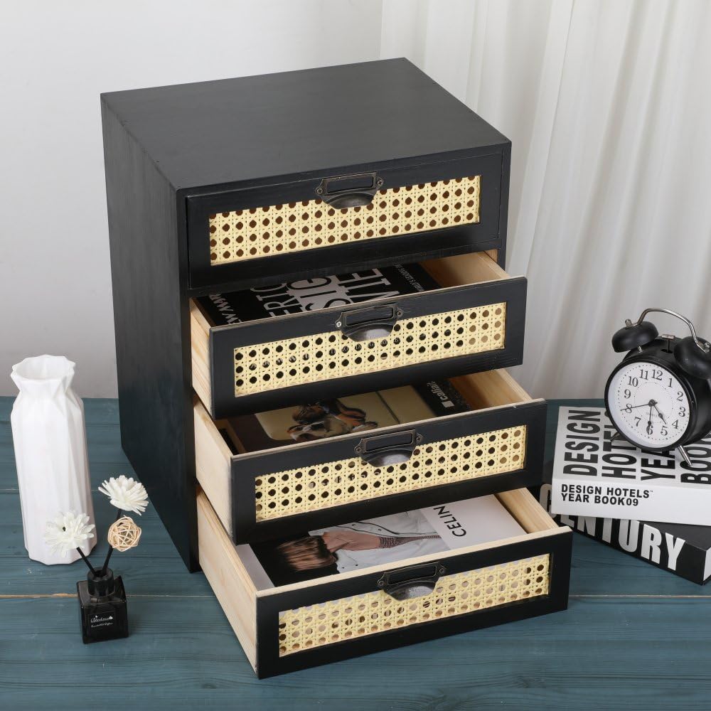 GoooodGIFT Large Wooden Drawer BoHo Desk Organizers Wooden Storage Dox with Drawers Rattan Paper Storage Drawer Wood File Organizer Library Card Catalog Cabinet Apothecary Cabinet (L-BLACK)