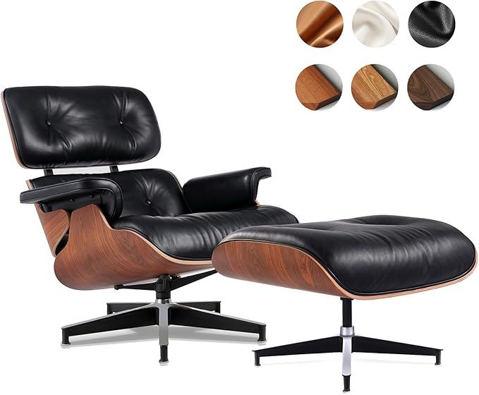 Top Black Grain Leather, Mid Century Chaise Lounge Chair and Ottoman, Accent