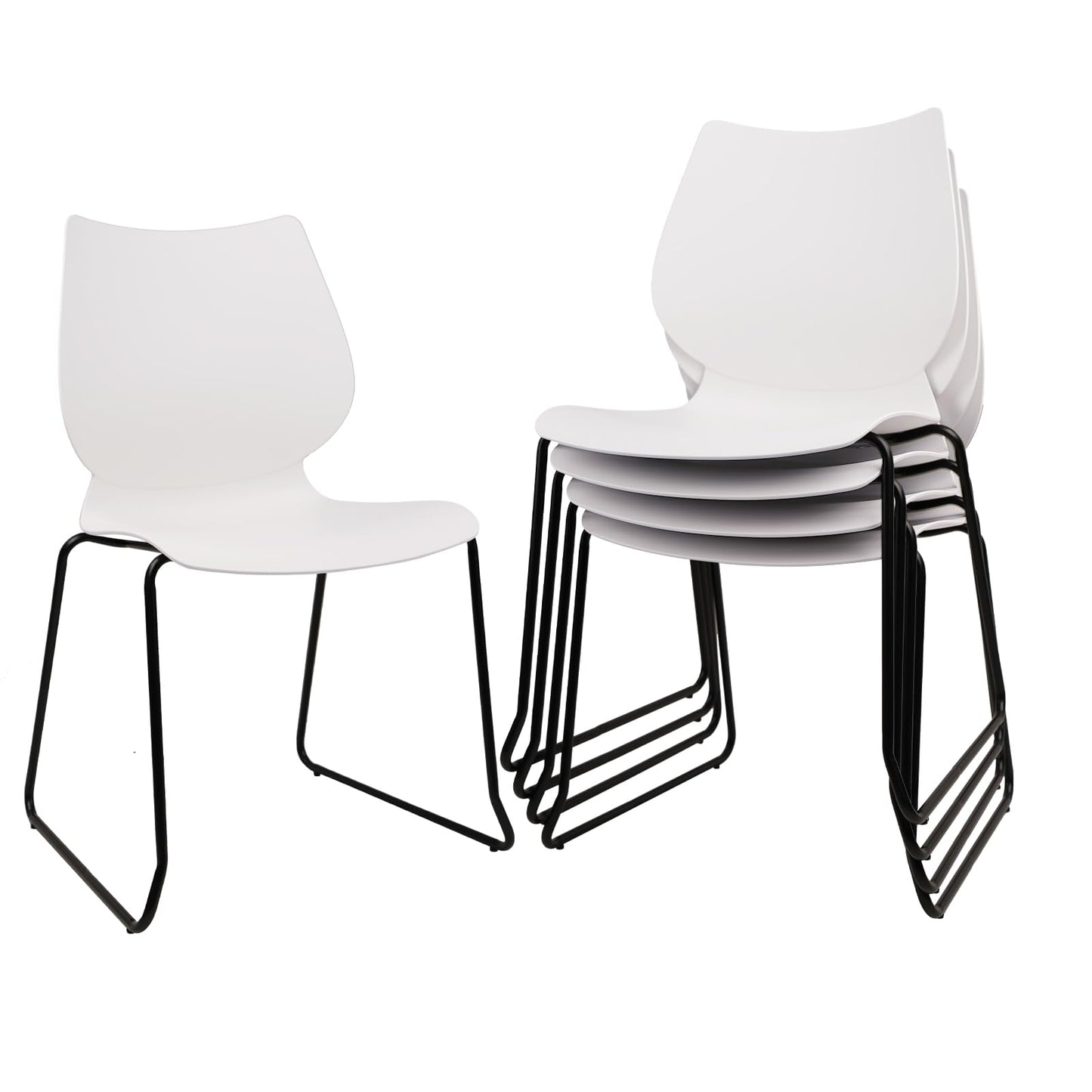 KLASIKA Stackable Waiting Room Chair, Stacking Office Chair with Ergonomic Lumbar Support and Metal Legs, Plastic Desk Chairs for Conference School Church Guest Reception Set of 4, White