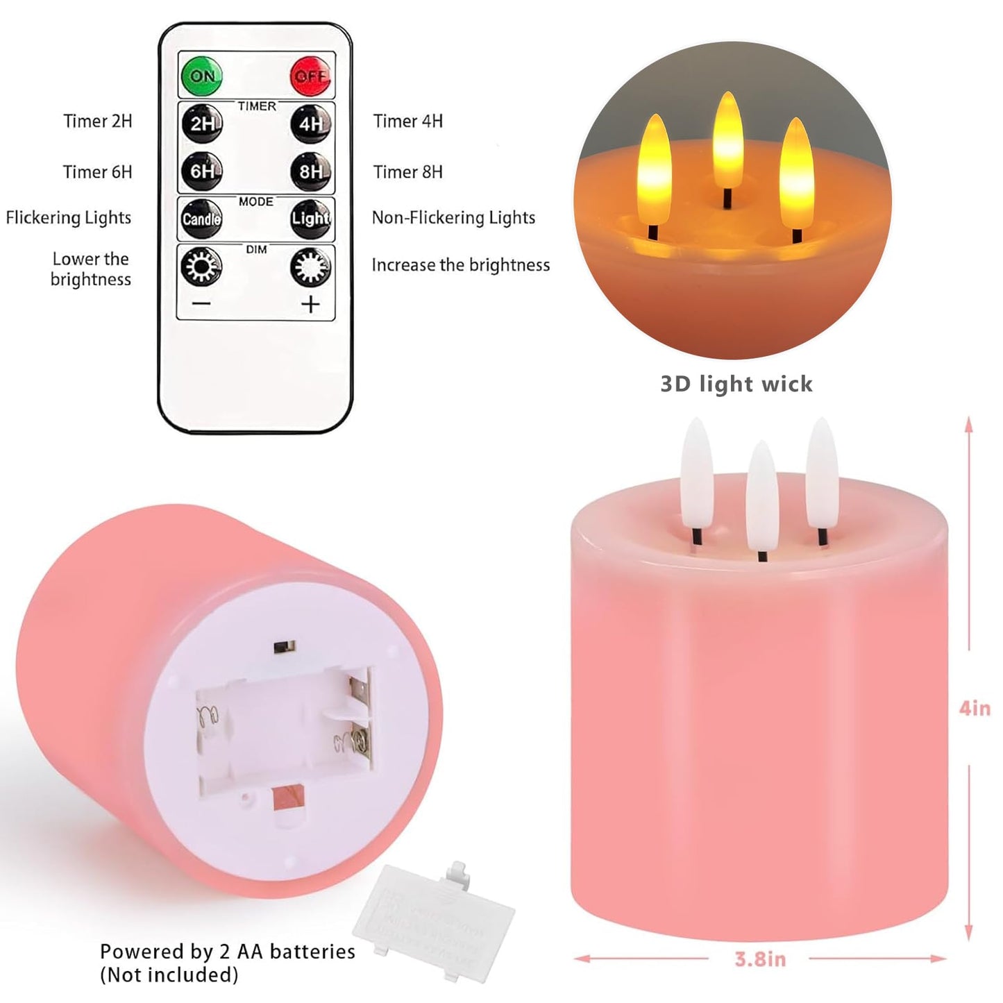 Large 3 Wick Flameless Candles, 4"x4" Flickering Flameless Candles with Remote & Timer, Dimmable Real Wax LED Candles Battery Operated, Electric Pillar Candles for Wedding Valentine's Day Decor (Pink)