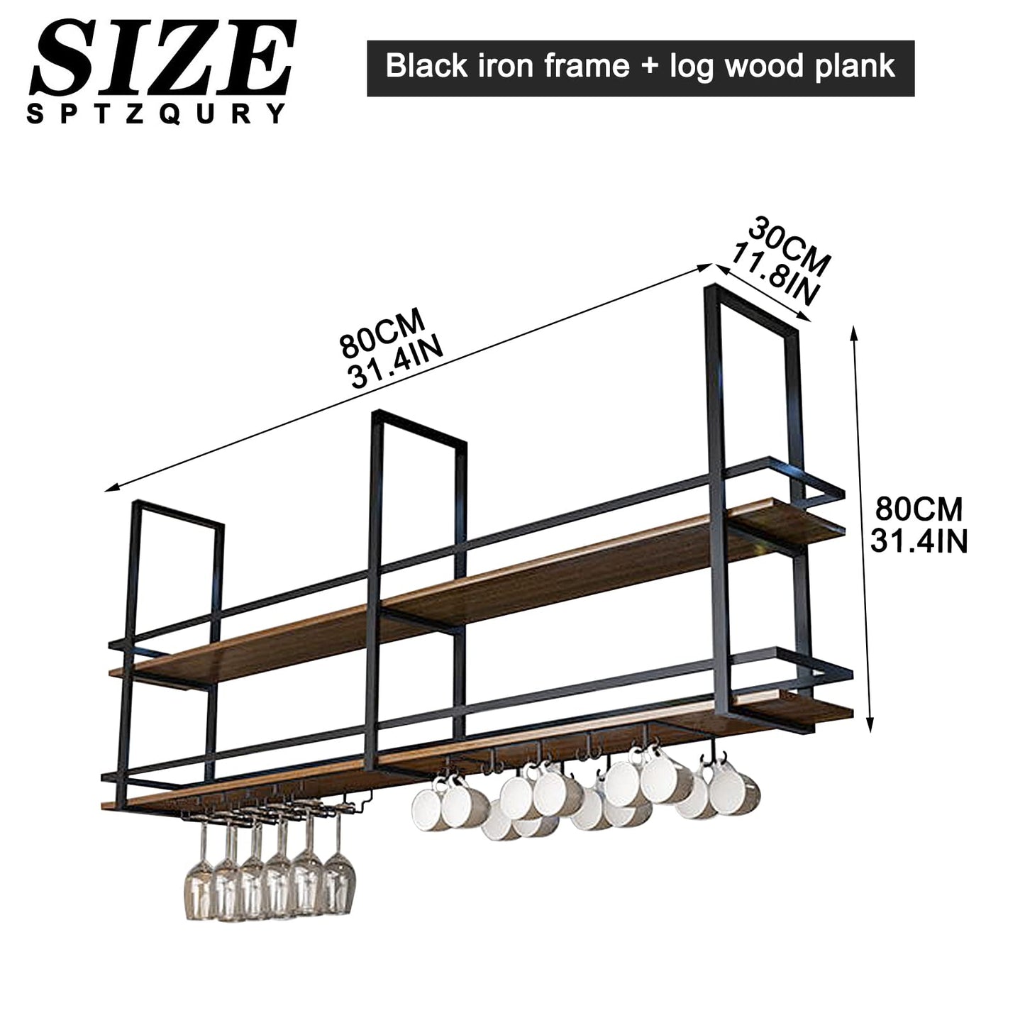 Ceiling Wine Glass Rack - 31.4in Hanging Wine Rack with Glass Holder and Shelf, 2 Layer Industrial Hanging Wine Bottle Holder, Gold Metal Ceiling Shelf for Bar Cafe Kitchen (Gold, 31.4×11.8×31.4in)