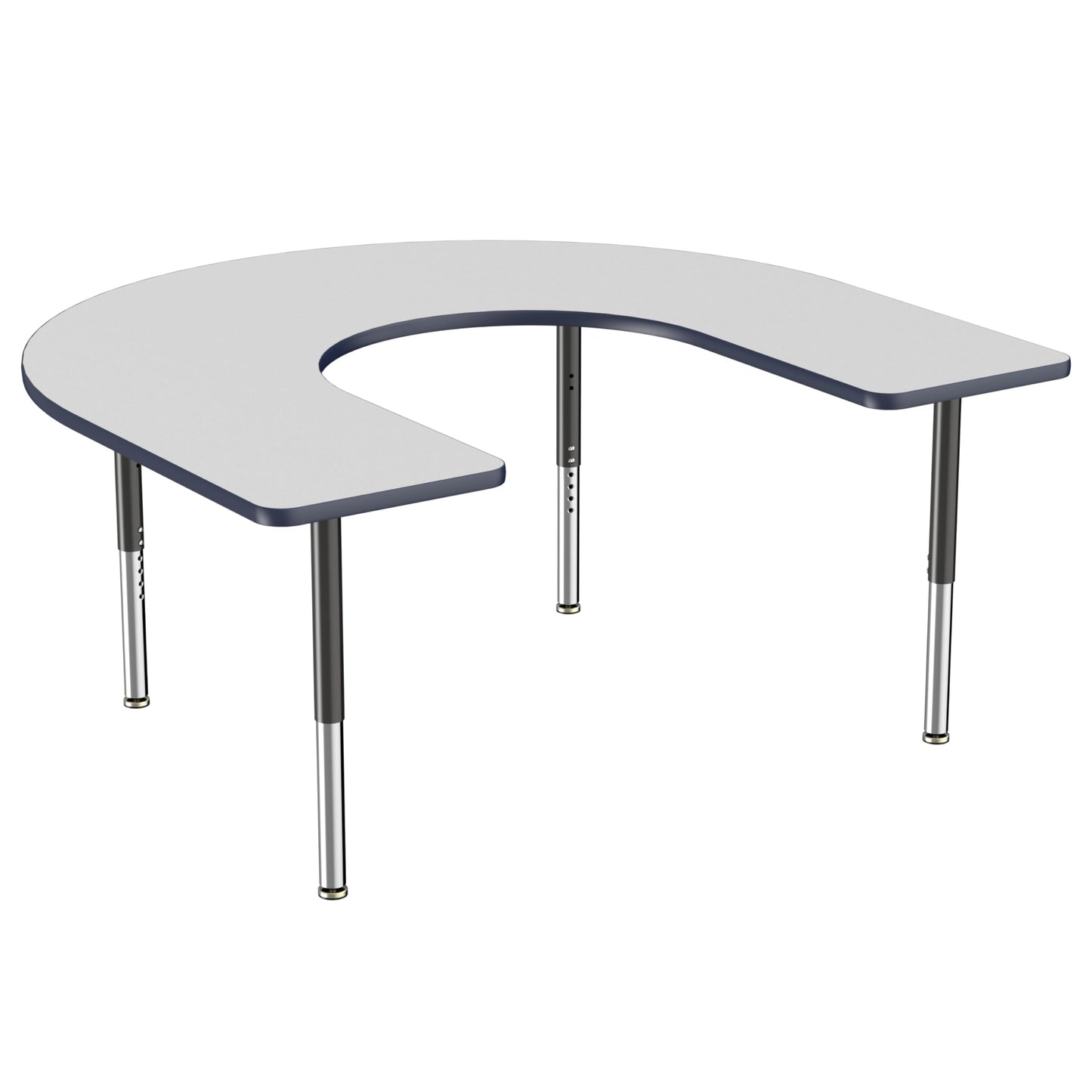 FDP Mobile Horseshoe Activity School and Office Table (60 x 66 inch), Super Legs with Glides and Casters for Collaborative Environments, Adjustable Height 19-30 inches - Gray Top and Navy Edge