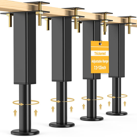 4PCS Adjustable Height Bed Support Legs, 7.3-12 In, Metal Heavy Bed Risers with Non-Slip Rubber Base, Replacement Furniture Feet for King Queen Frame Slats, Sofa, Couch, Cabinet, Dresser, Table