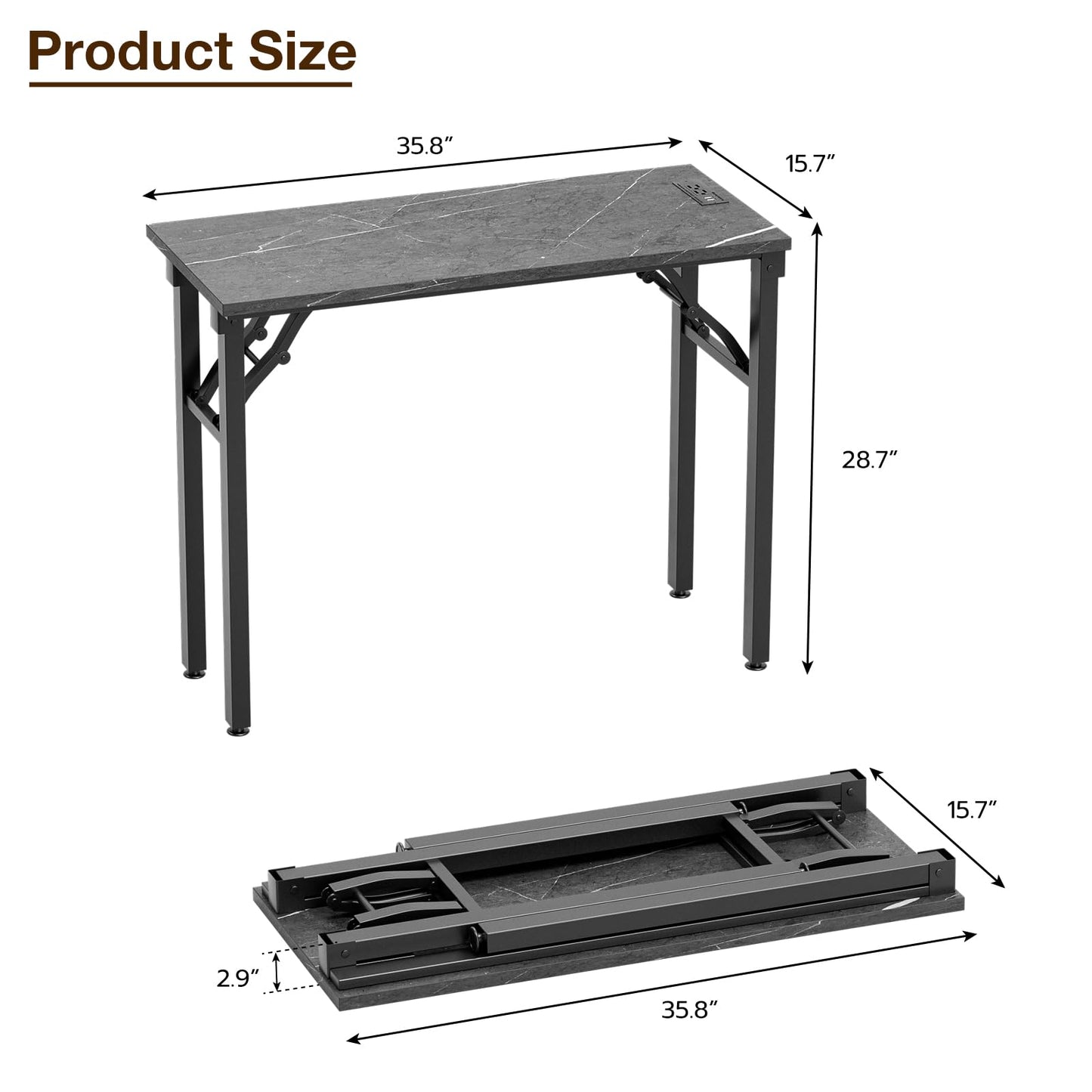 TEMI Small Computer Desk Folding Table - No Assembly, Compact 35.8" Foldable Desk with Power Outlets & USB Charging Port, Portable Small Office Desk, Ideal Mini Study Table, Marble Greige