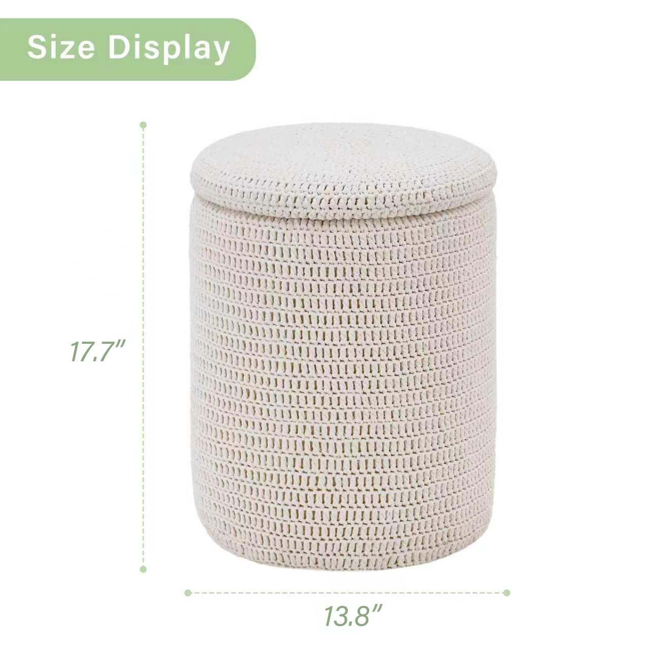 Wimarsbon Pouf Ottoman, 100% Cotton Knitted Boho Footstool, Round Footrest with Non-Skid Wood Legs, Home Décor Handmade Pouffe, Leisure Floor Step Stool for Living Room (14inch White Storage Ottoman)