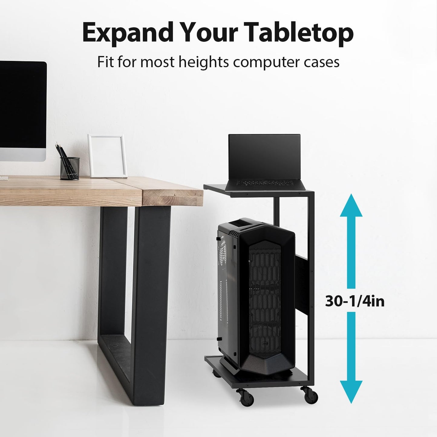 360Tronics Computer Tower Stand, C-Shape Large PC Stand Gaming Computer ATX-Case Storage, 2-Tier Mobile CPU Holder Cart Laptop Standing Table with Rolling Wheels for Home, Office, Black