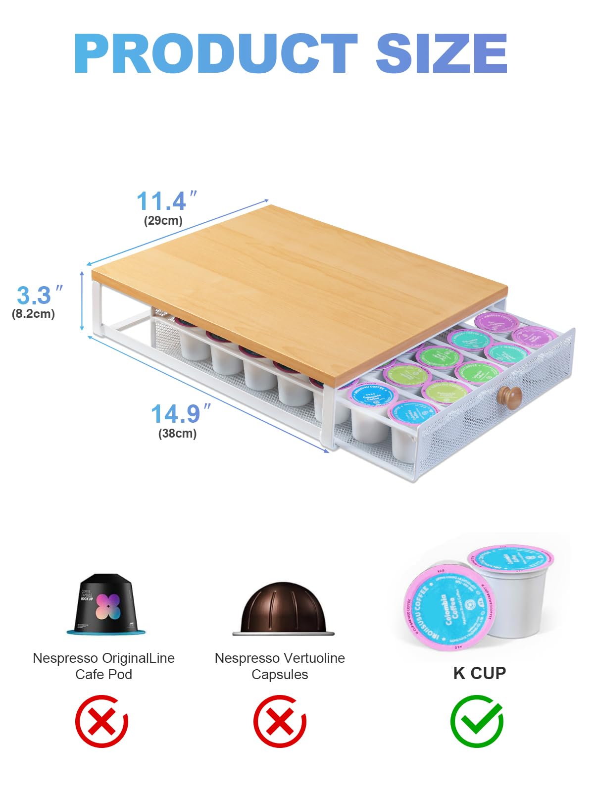 Sedegn Coffee Pod Holder Counter Coffee Vertuo Capsules Storage Organizer with Sliding Drawer Compatible For K-Cup Pods Nespresso Pods No Assembly Needed Oak Color