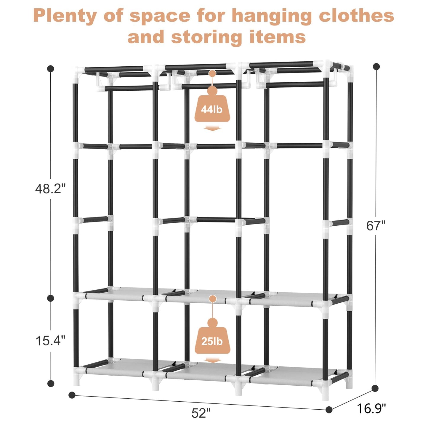VTRIN Portable Closet Wardrobe for Hanging Clothes Closet with Cover, 3 Hanging rods, 6 Storage Shelves and Side Pocket, Diameter 19mm Metal Pipe, Sturdy Free Standing Closet for Bedroom, Black
