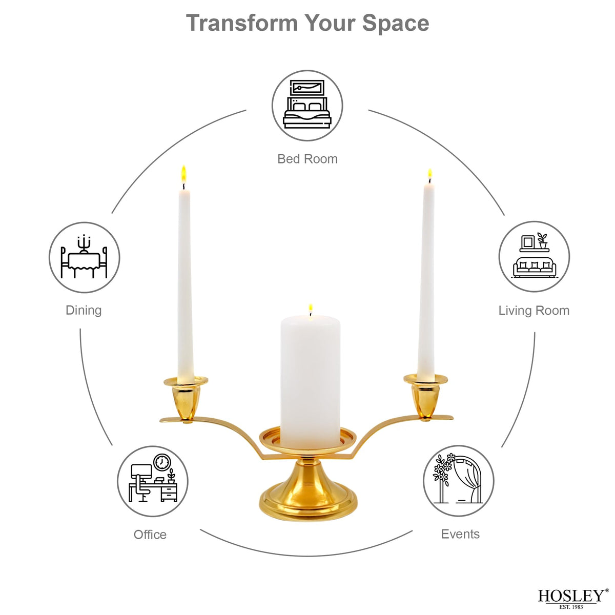 Hosley Gold Metal Unity Candle Holders Set for Wedding Ceremony, Includes 1 Pillar and 2 Taper Candles and one Metal Holder