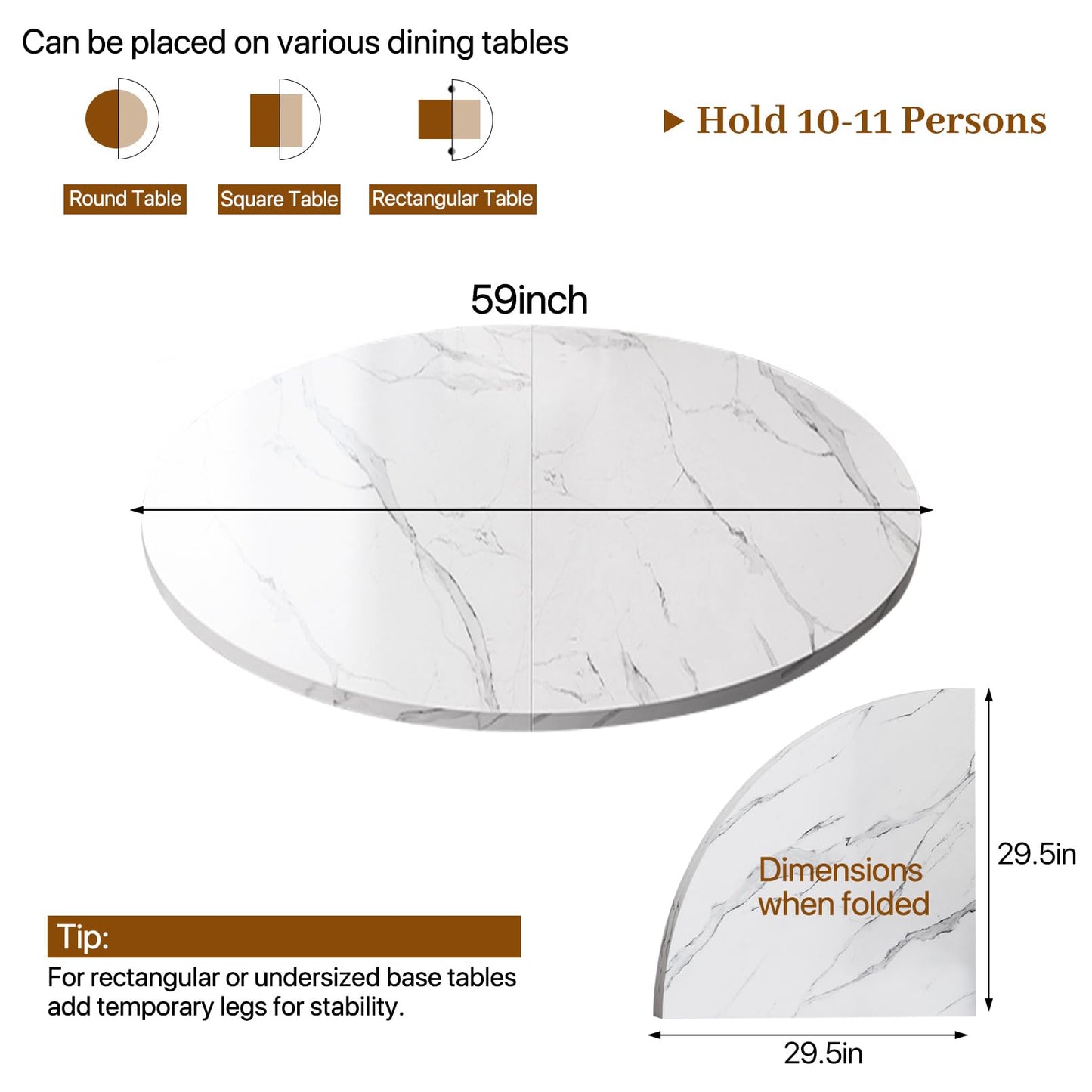 Wood Round Foldable Table Top Only Large Portable Tabletop for Desktop Transformation 47 51 55 59 63 71 inch 4-Fold Folding Round Table Top Extender Space Saving for Family Dinners(White Marble,59")