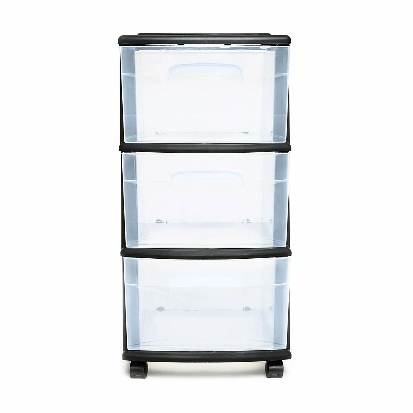 HOMZ Drawer Tower, 3-Tier Clear Plastic Storage Organizer Cart, Black Frame – Organizing Containers with Wheels for Home, Bathroom, Bedroom, Office, and Classroom