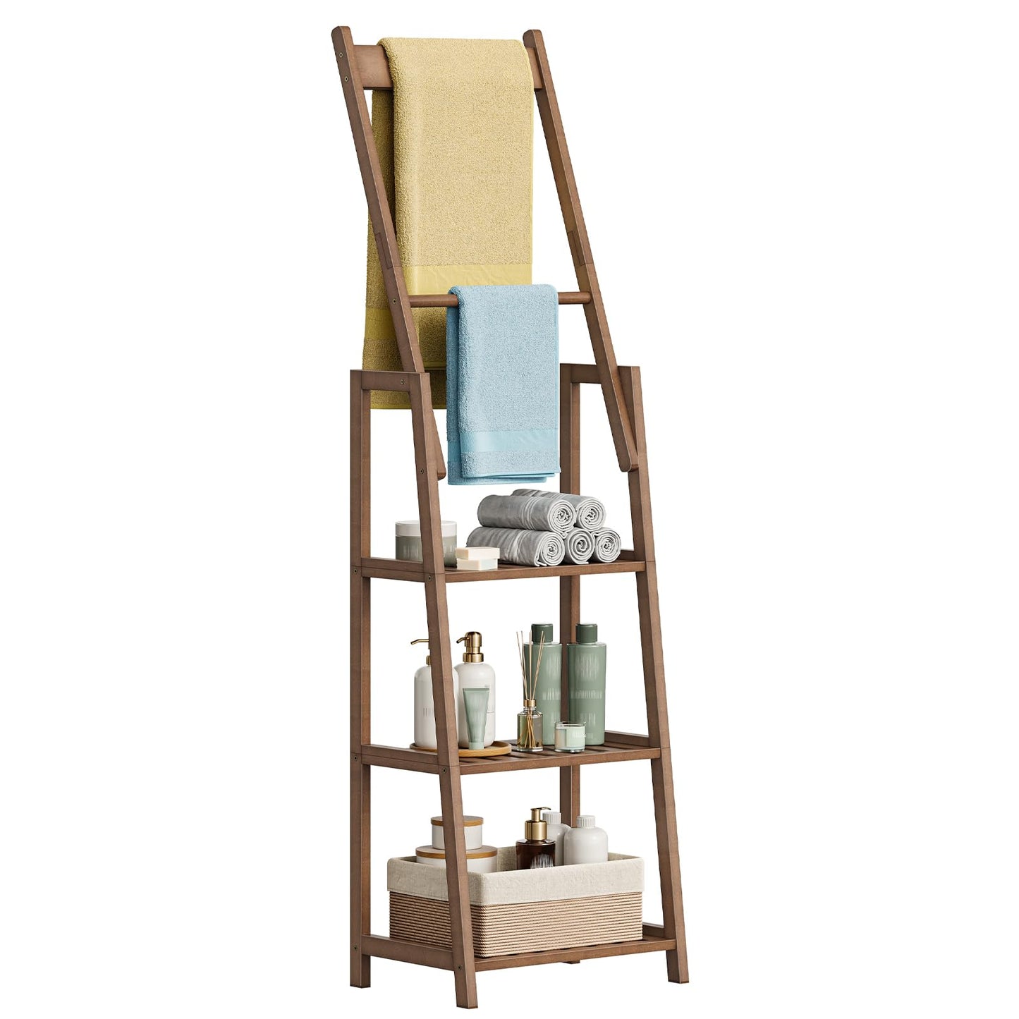 HOOBRO 3 Tier Ladder Shelf, Blanket Ladder, Bookcase Storage Rack Organizer, Bamboo Storage Shelf, Freestanding Shelving Unit, Farmhouse Ladder Rack for Living Room and Bedroom, Mocha MA123CJ01