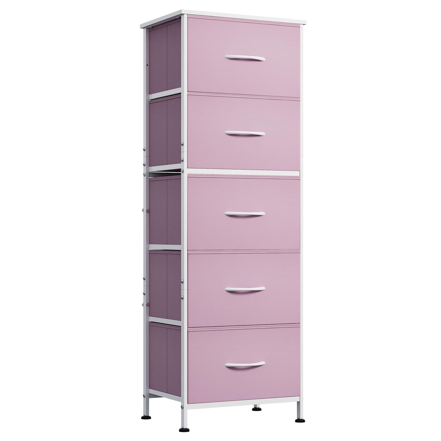 WLIVE Fabric Dresser for Bedroom, 5-Drawer Tall Dressers, Storage Organizer with Fabric Bins, Wood Top, Sturdy Steel Frame, Chest of Drawers for Closet, Hallway, Cloudy Pink