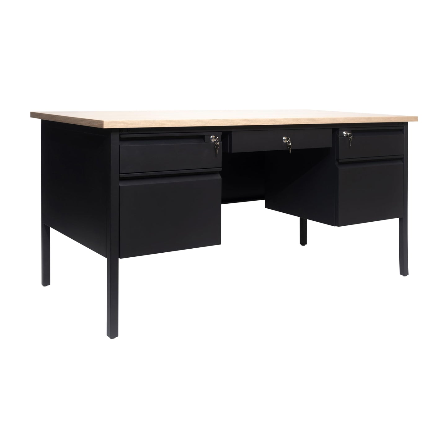Flash Furniture Cambridge Double Pedestal Desk with 5 Locking Drawers, Commercial Grade Teacher's or Office Desk, 30x60, Metal Frame, White Oak/Black