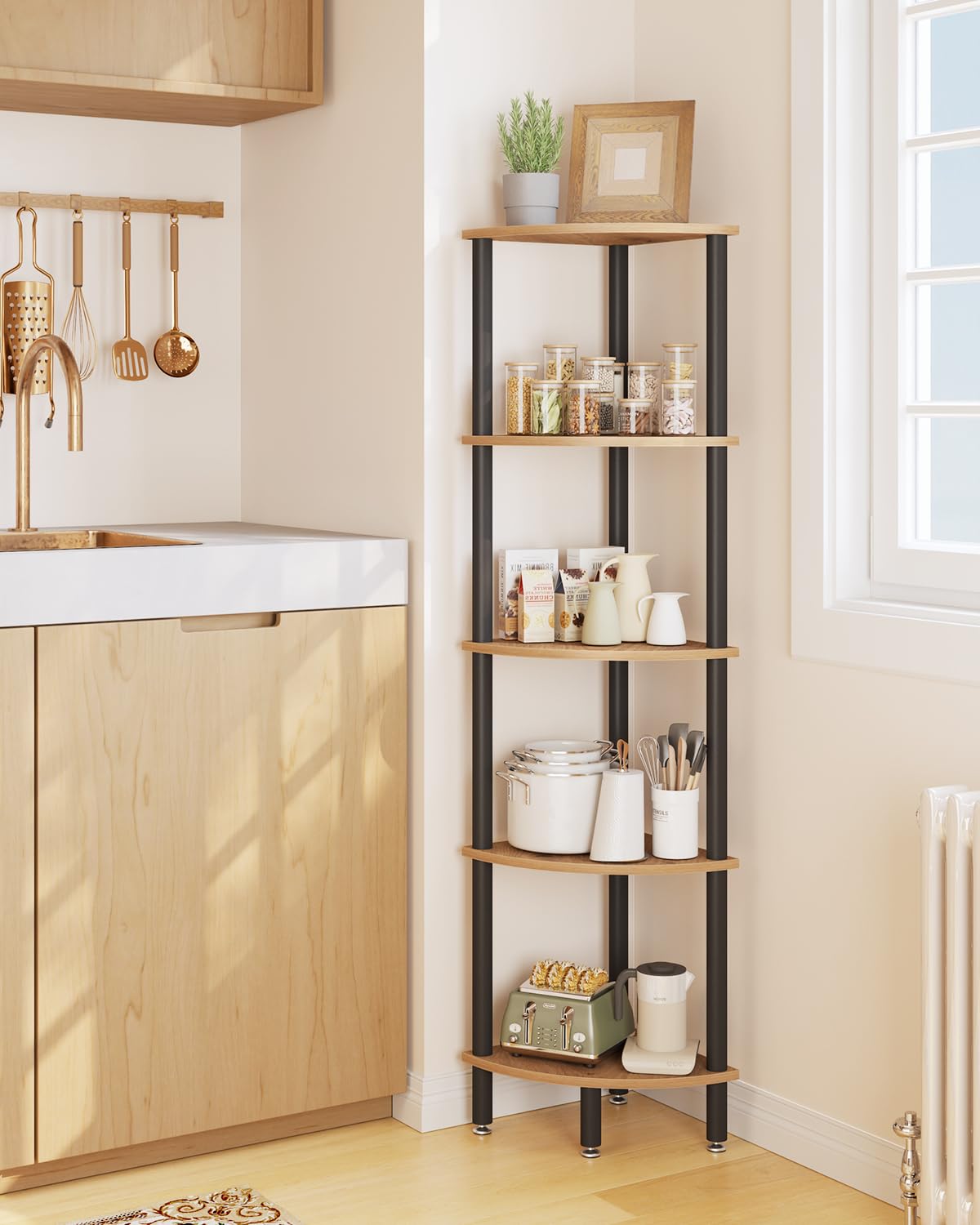 IBUYKE 5 Tier Corner Shelf Stand,Industrial Corner Display Rack,Corner Bookshelf for Living Room, Bedroom, Kitchen, Home Office, Oak WBC010K
