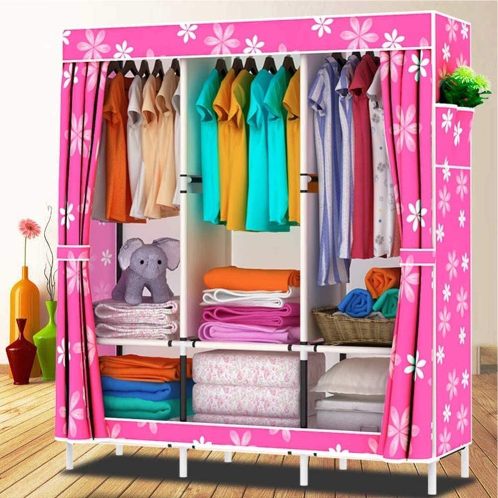 OTHZON Notecanvas Wardrobes Portable Closet Wardrobe with 2 Side Pockets and 3 Clothes Hanger Rods, Easy to Assemble Used in Bedroom, Cloakroom Clothes, Shoes, Toys,D