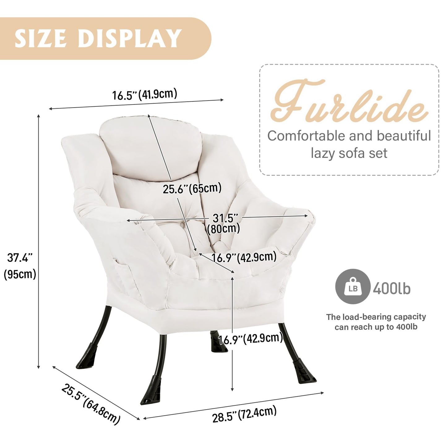 Furlide Lazy Chair for Living Room, Modern Accent Chairs with Armrests, Beige Armchairs with Side Pocket, Cozy Lazy Sofa for Reading, Balcony, Bedroom, Dorm, Small Spaces